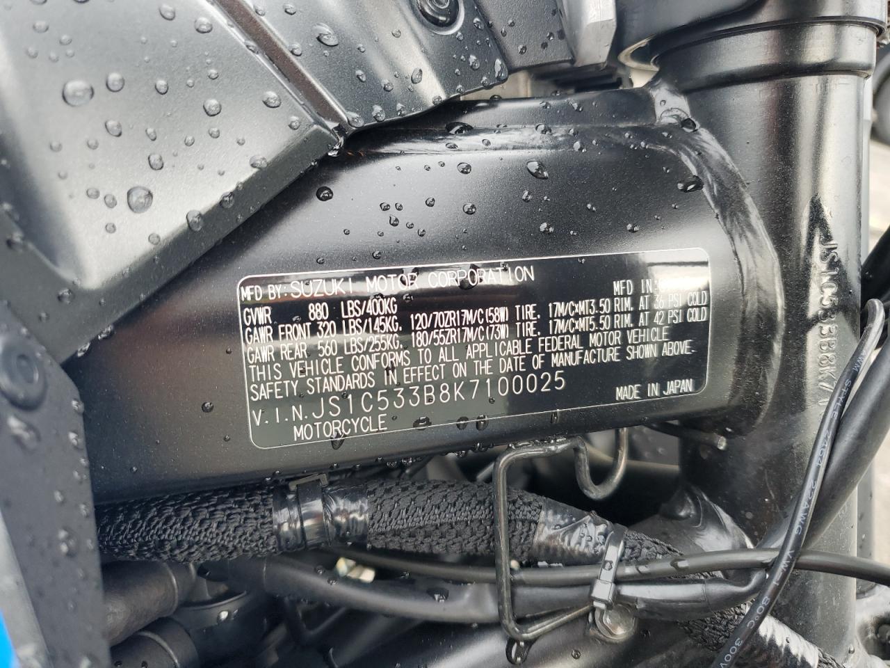 2019 Suzuki Gsx-S750 M VIN: JS1C533B8K7100025 Lot: 64179815