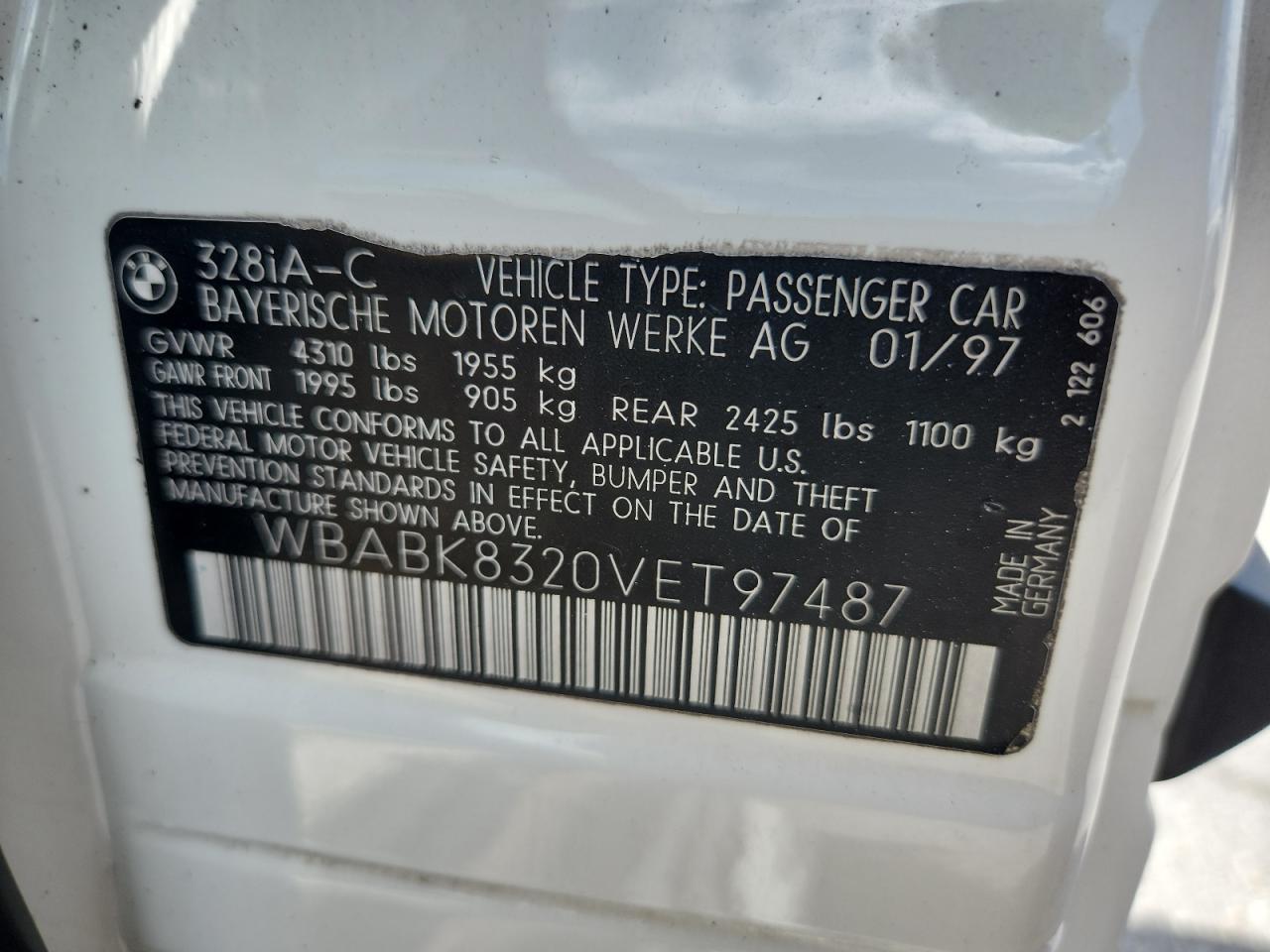 1997 BMW 328 Ic Automatic VIN: WBABK8320VET97487 Lot: 65696545