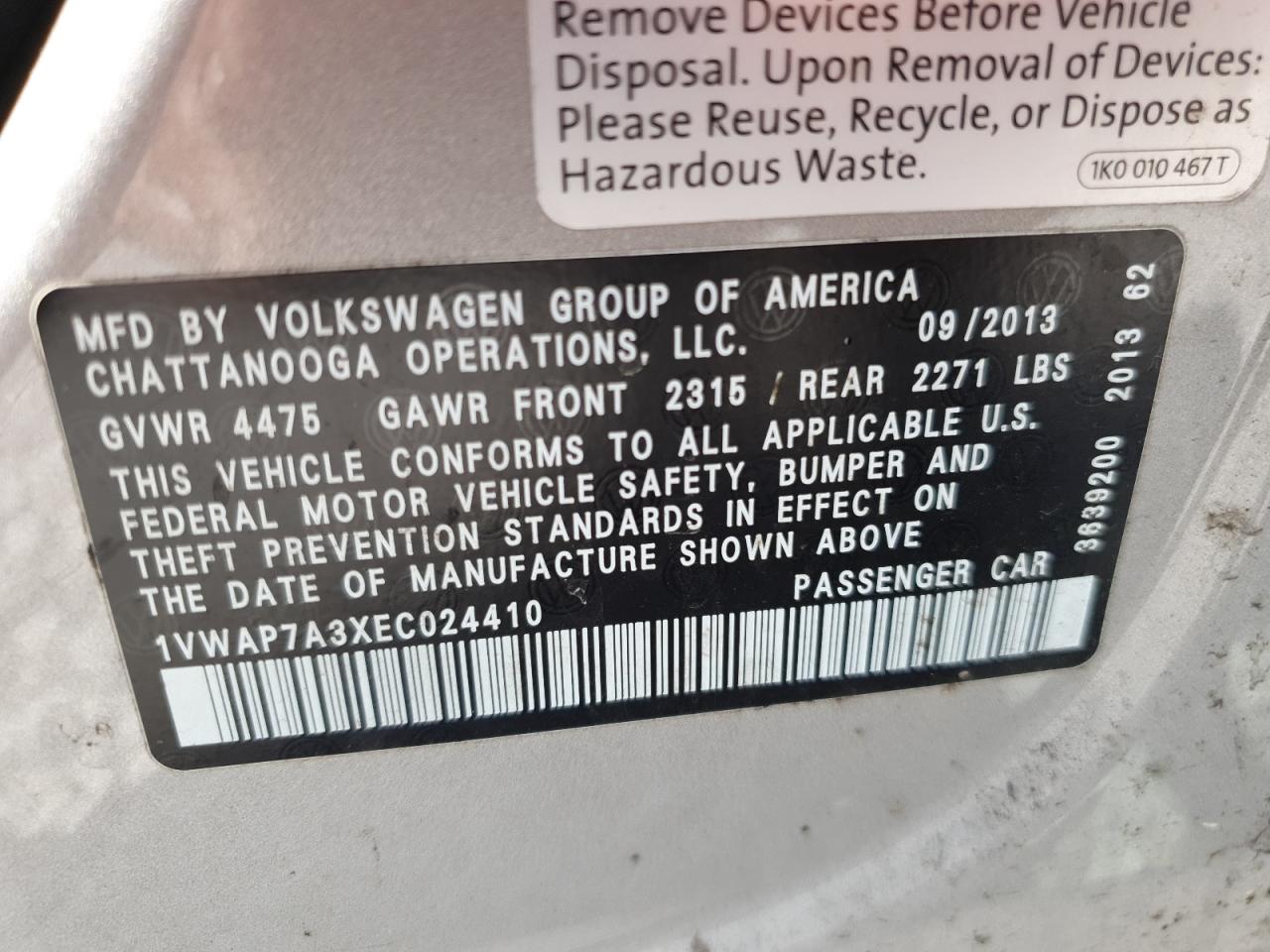 2014 Volkswagen Passat S VIN: 1VWAP7A3XEC024410 Lot: 65055935