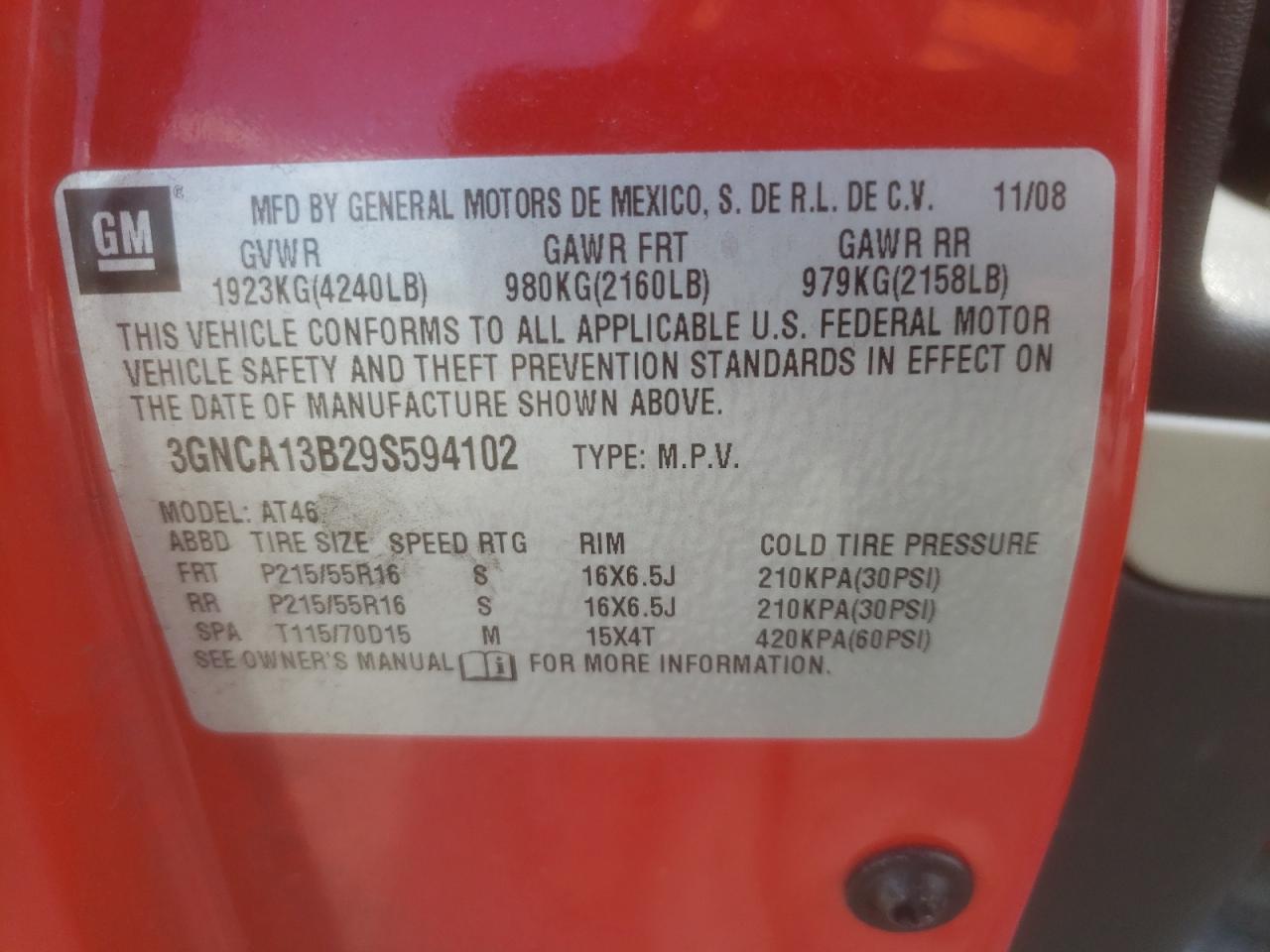3gnca13b29s594102 3GNCA13B29S594102 2009 Chevrolet Hhr Ls