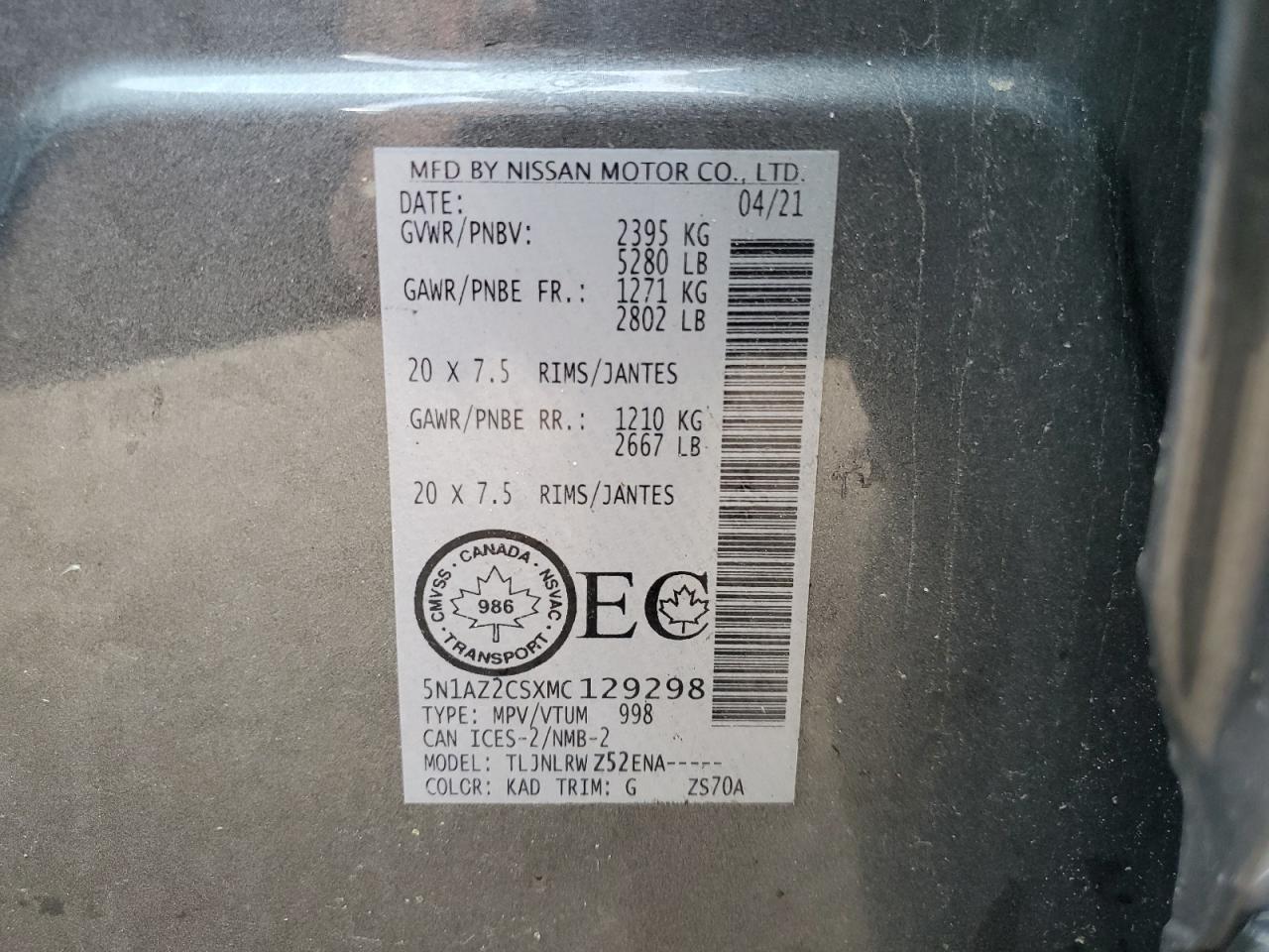 2021 Nissan Murano Sl VIN: 5N1AZ2CSXMC129298 Lot: 61260065