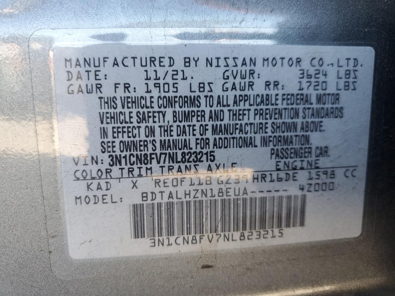 2022 Nissan Versa Sr VIN: 3N1CN8FV7NL823215 Lot: 62959935