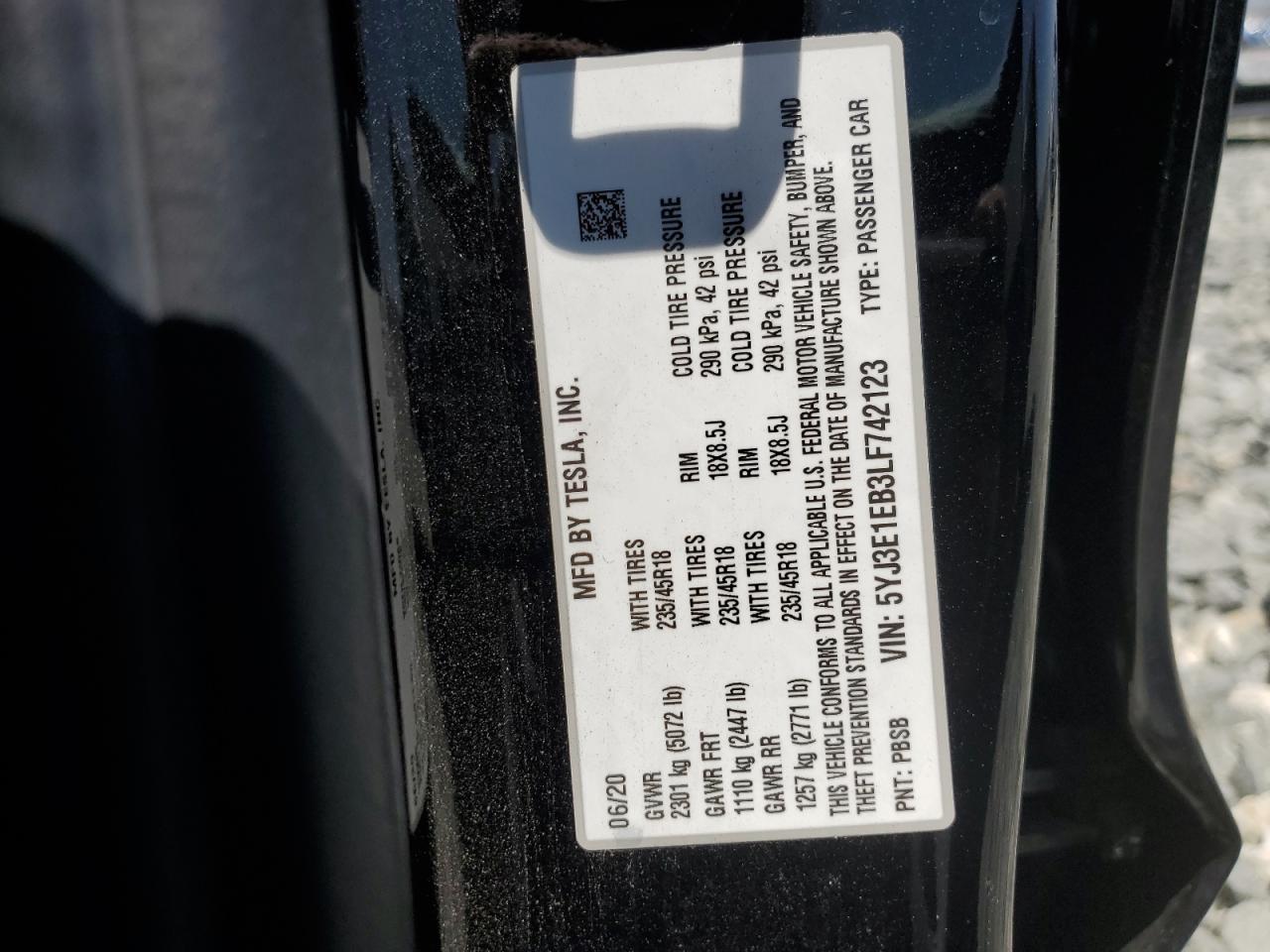 2020 Tesla Model 3 VIN: 5YJ3E1EB3LF742123 Lot: 63014295