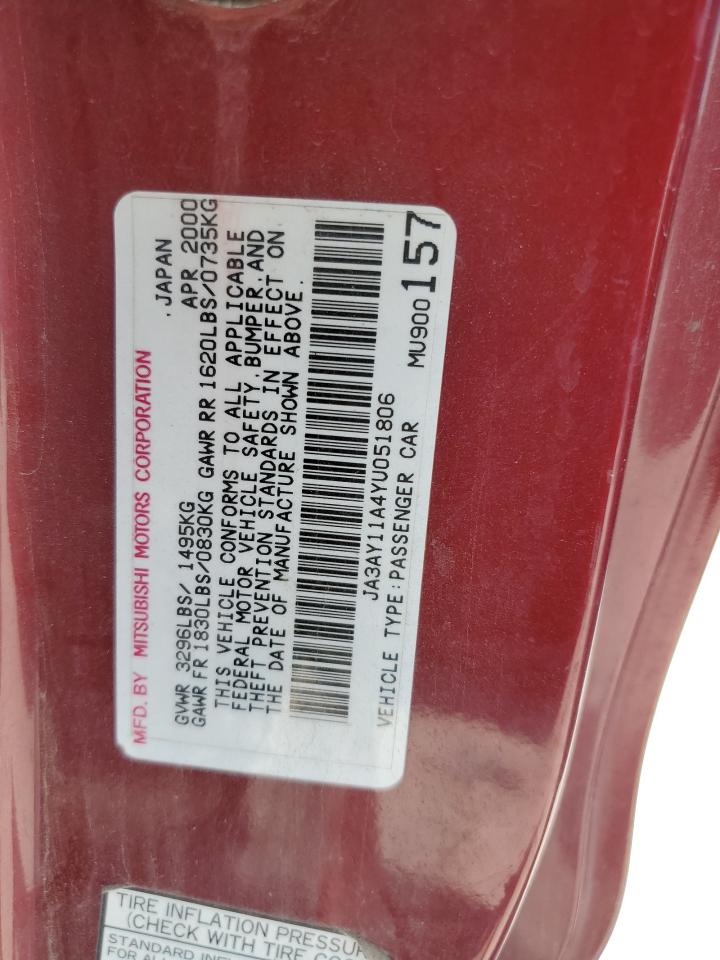 2000 Mitsubishi Mirage De VIN: JA3AY11A4YU051806 Lot: 63440525