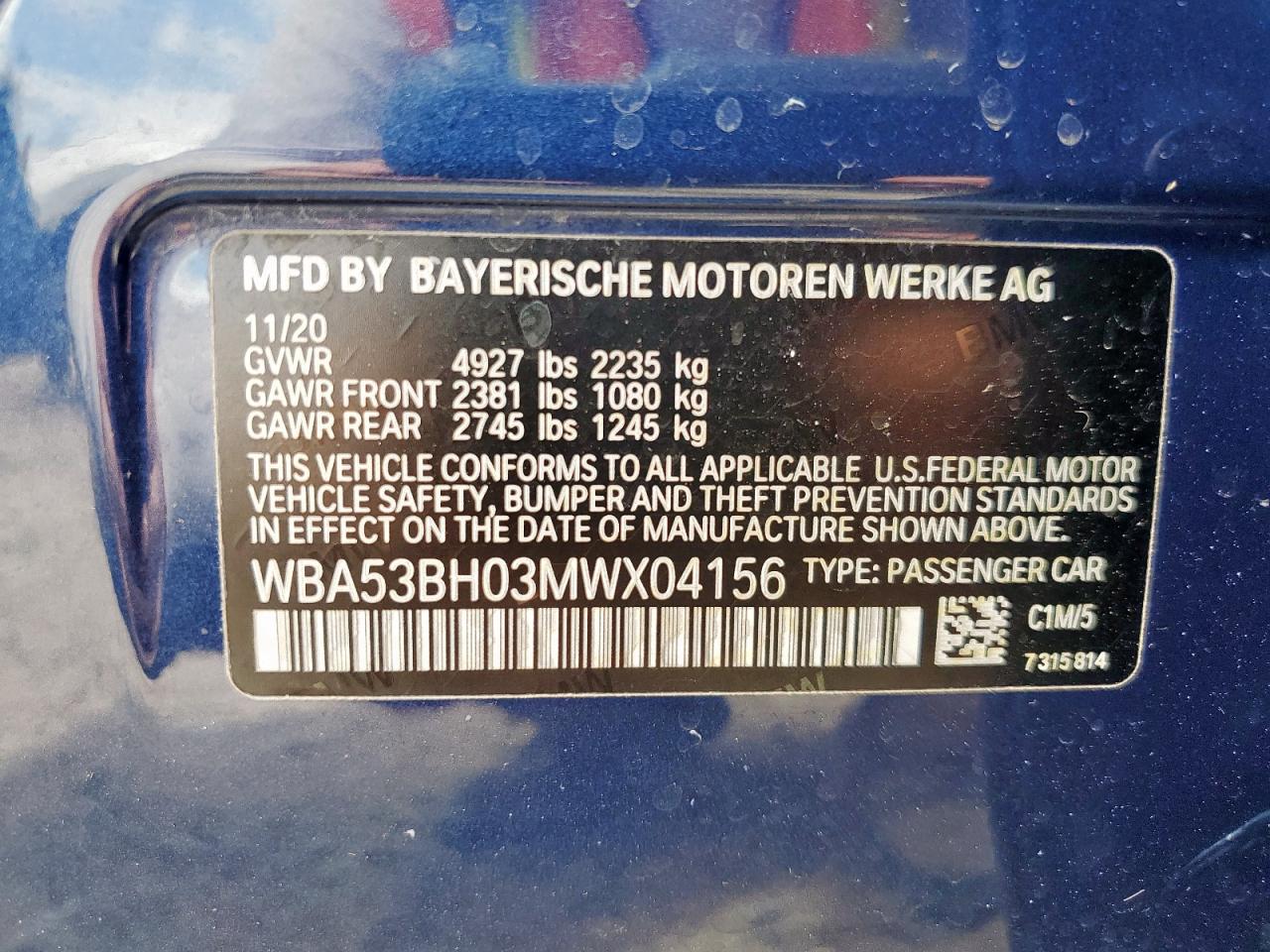 2021 BMW 530 I VIN: WBA53BH03MWX04156 Lot: 63974505