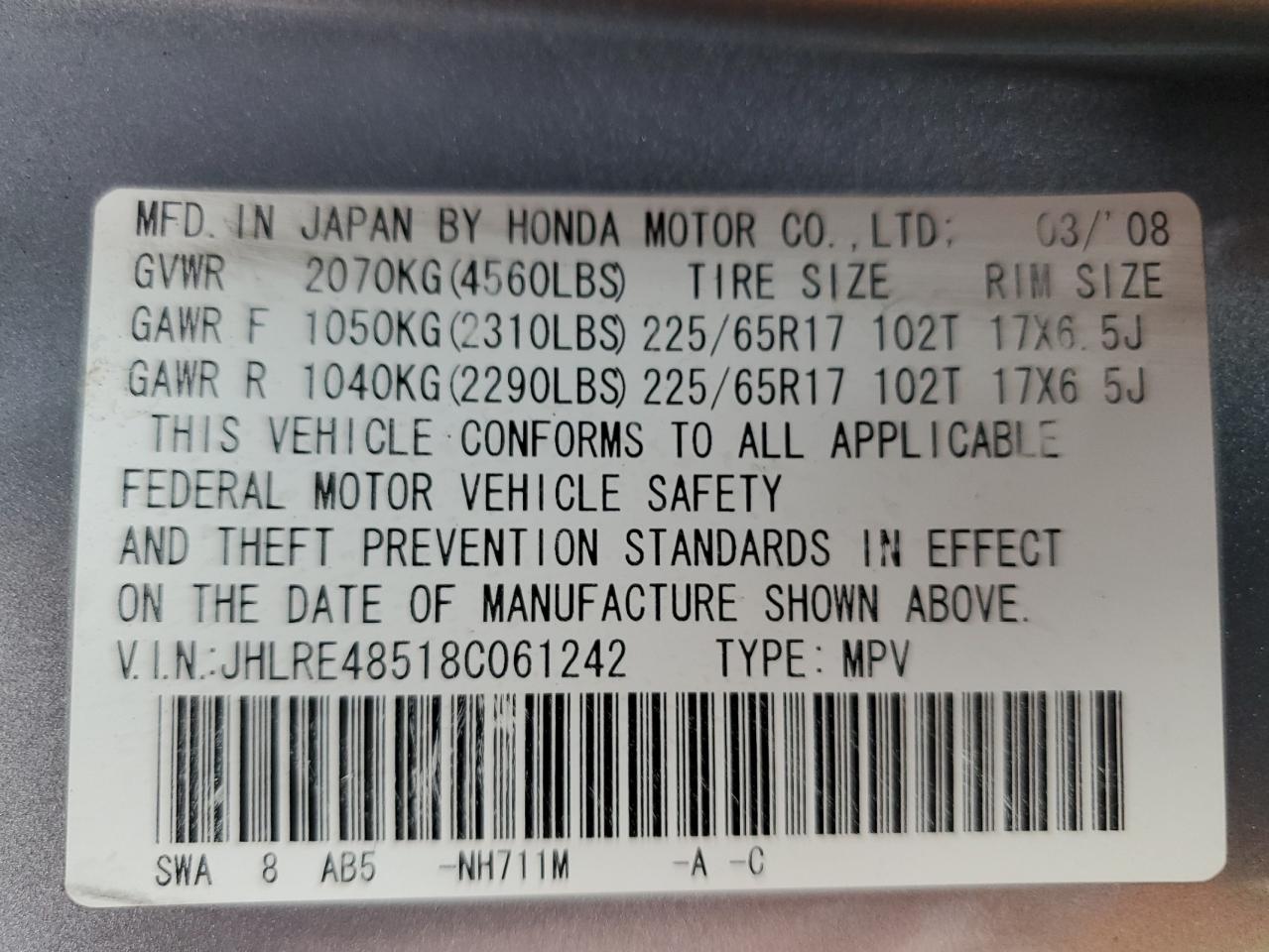 2008 Honda Cr-V Ex VIN: JHLRE48518C061242 Lot: 64045685