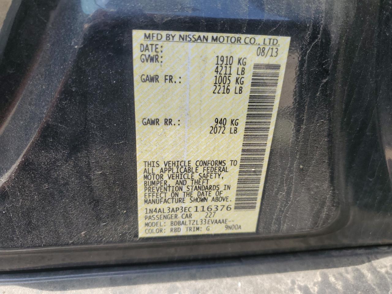 2014 Nissan Altima 2.5 VIN: 1N4AL3AP3EC116376 Lot: 63044745
