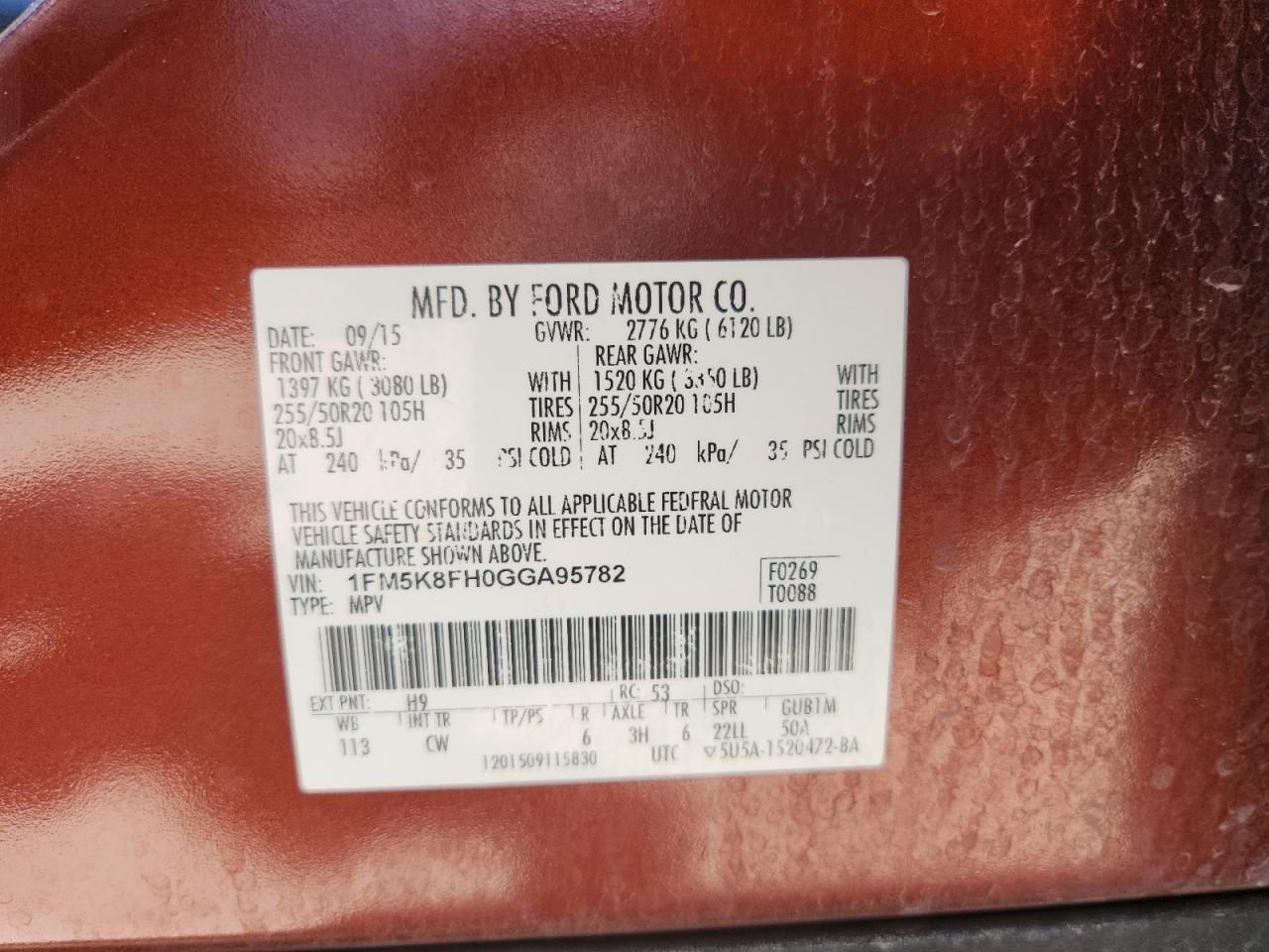 2016 Ford Explorer Limited VIN: 1FM5K8FH0GGA95782 Lot: 63684165