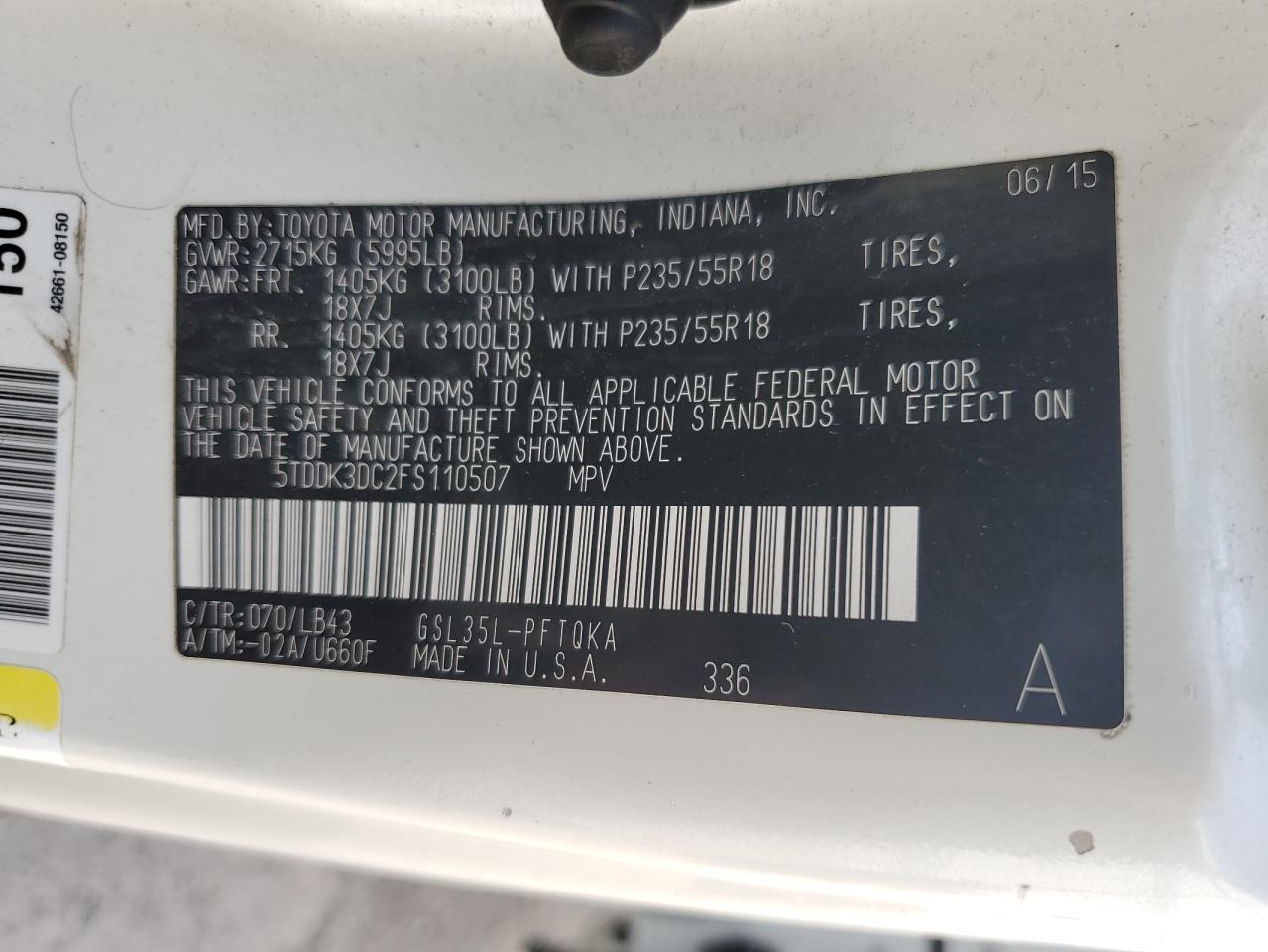 2015 Toyota Sienna Xle VIN: 5TDDK3DC2FS110507 Lot: 65145945