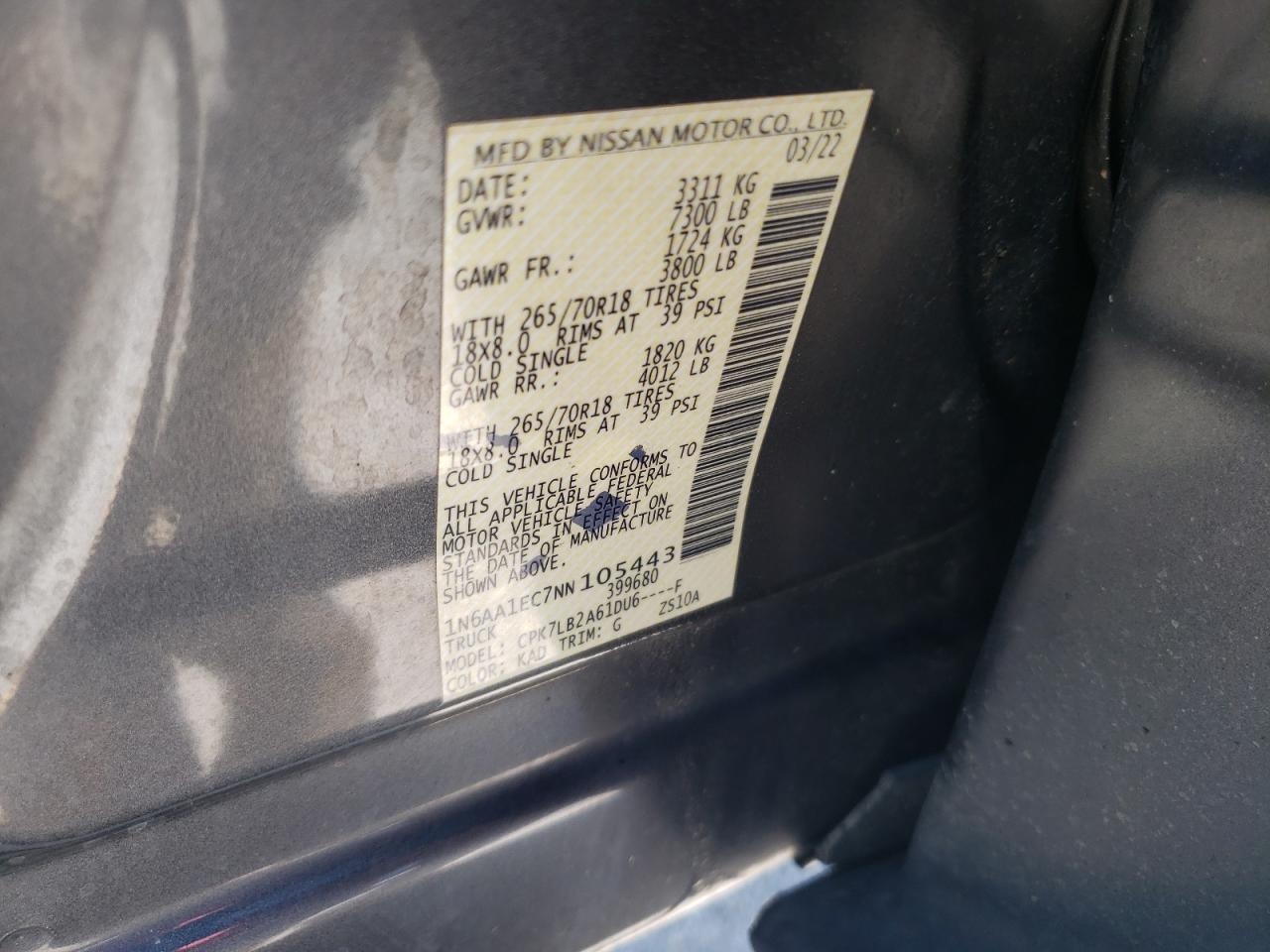 2022 Nissan Titan S VIN: 1N6AA1EC7NN105443 Lot: 63335865