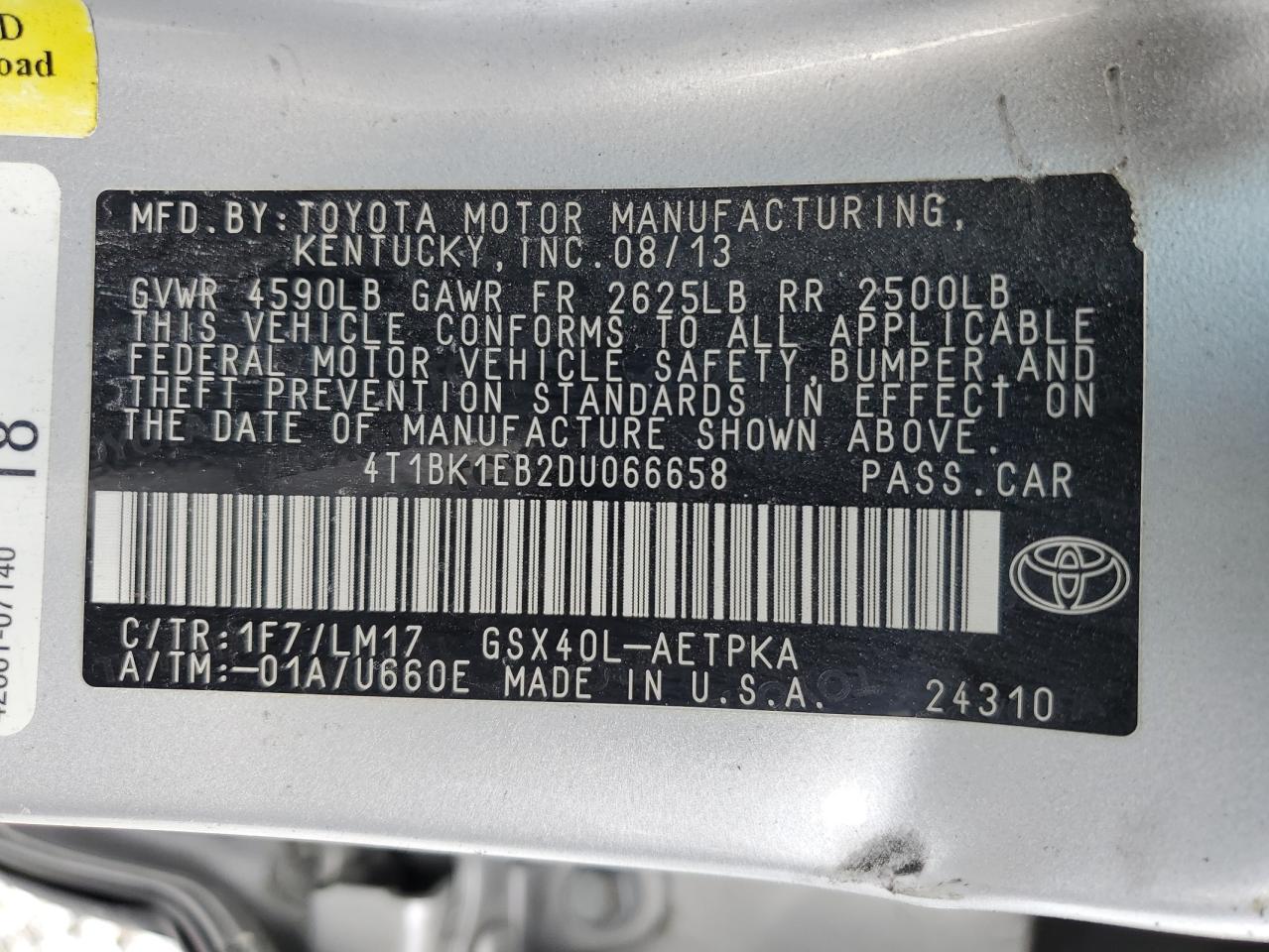 2013 Toyota Avalon Base VIN: 4T1BK1EB2DU066658 Lot: 64874215