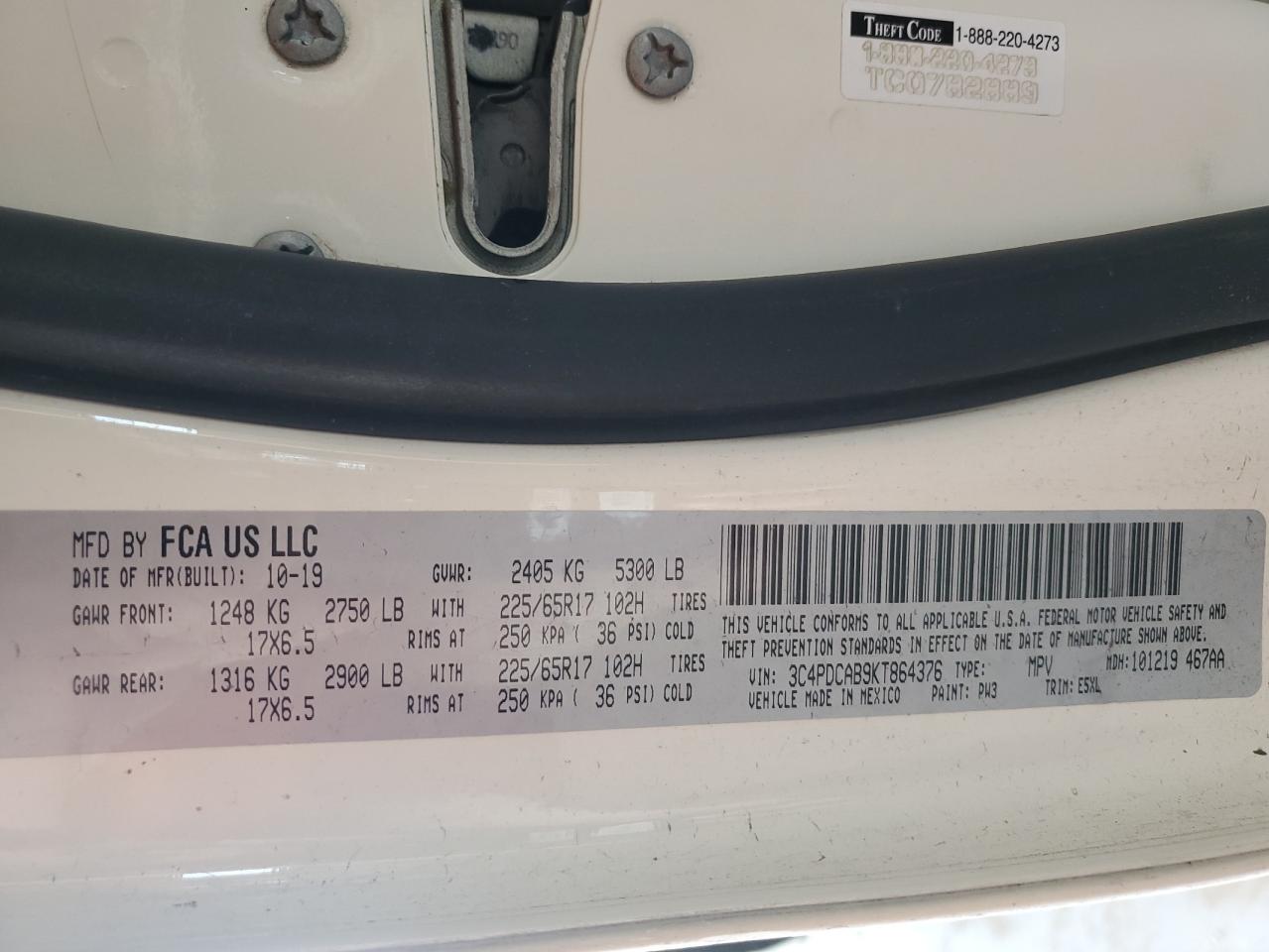 2019 Dodge Journey Se VIN: 3C4PDCAB9KT864376 Lot: 63716095