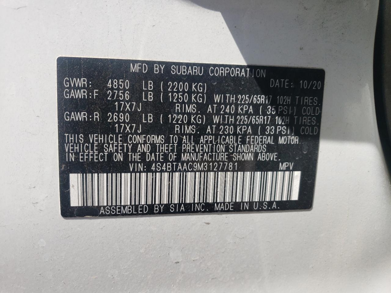 2021 Subaru Outback VIN: 4S4BTAAC9M3127781 Lot: 63705235