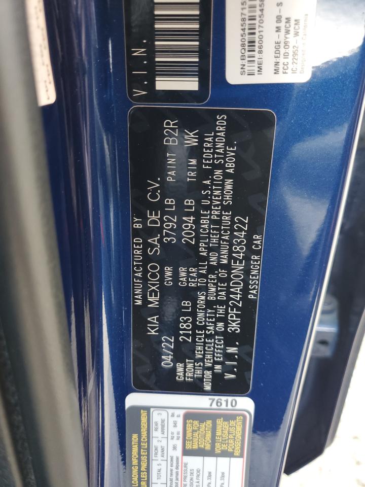 2022 Kia Forte Fe VIN: 3KPF24AD0NE483422 Lot: 63973775