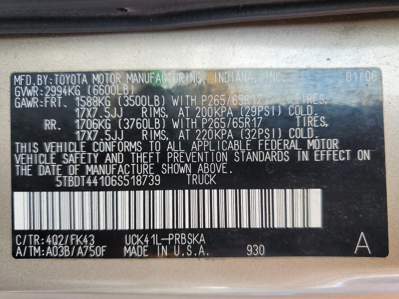 2006 Toyota Tundra Double Cab Sr5 VIN: 5TBDT44106S518739 Lot: 63439035