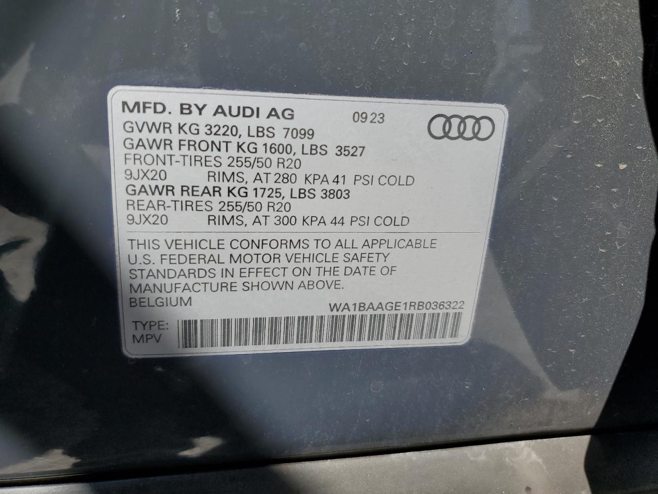 2024 Audi Q8 E-Tron Sportback Premium VIN: WA1BAAGE1RB036322 Lot: 63098025