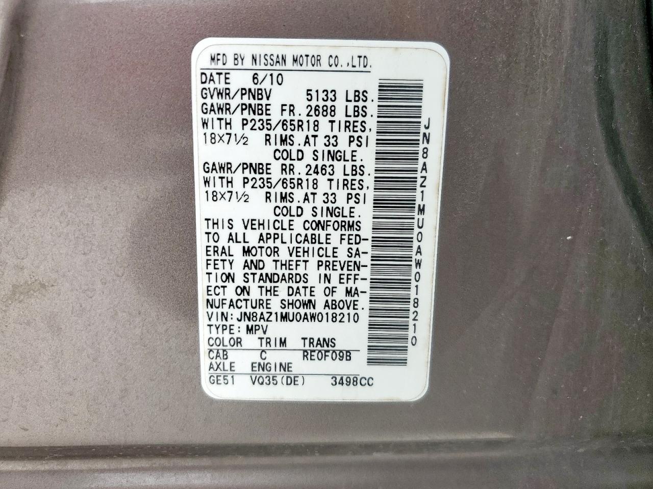 2010 Nissan Murano S VIN: JN8AZ1MU0AW018210 Lot: 64583755