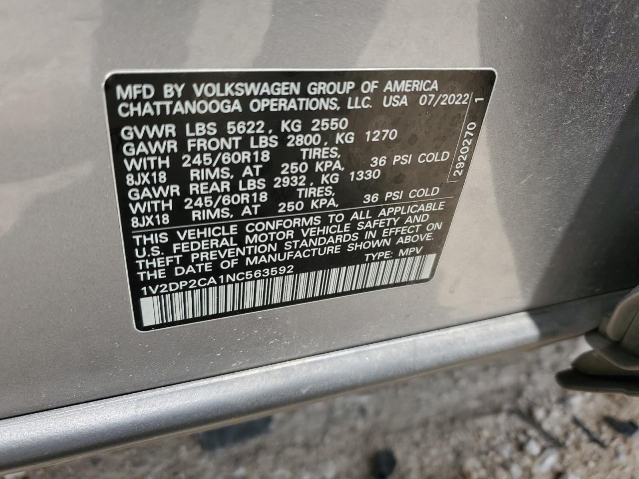 2022 Volkswagen Atlas Se VIN: 1V2DP2CA1NC563592 Lot: 62454925