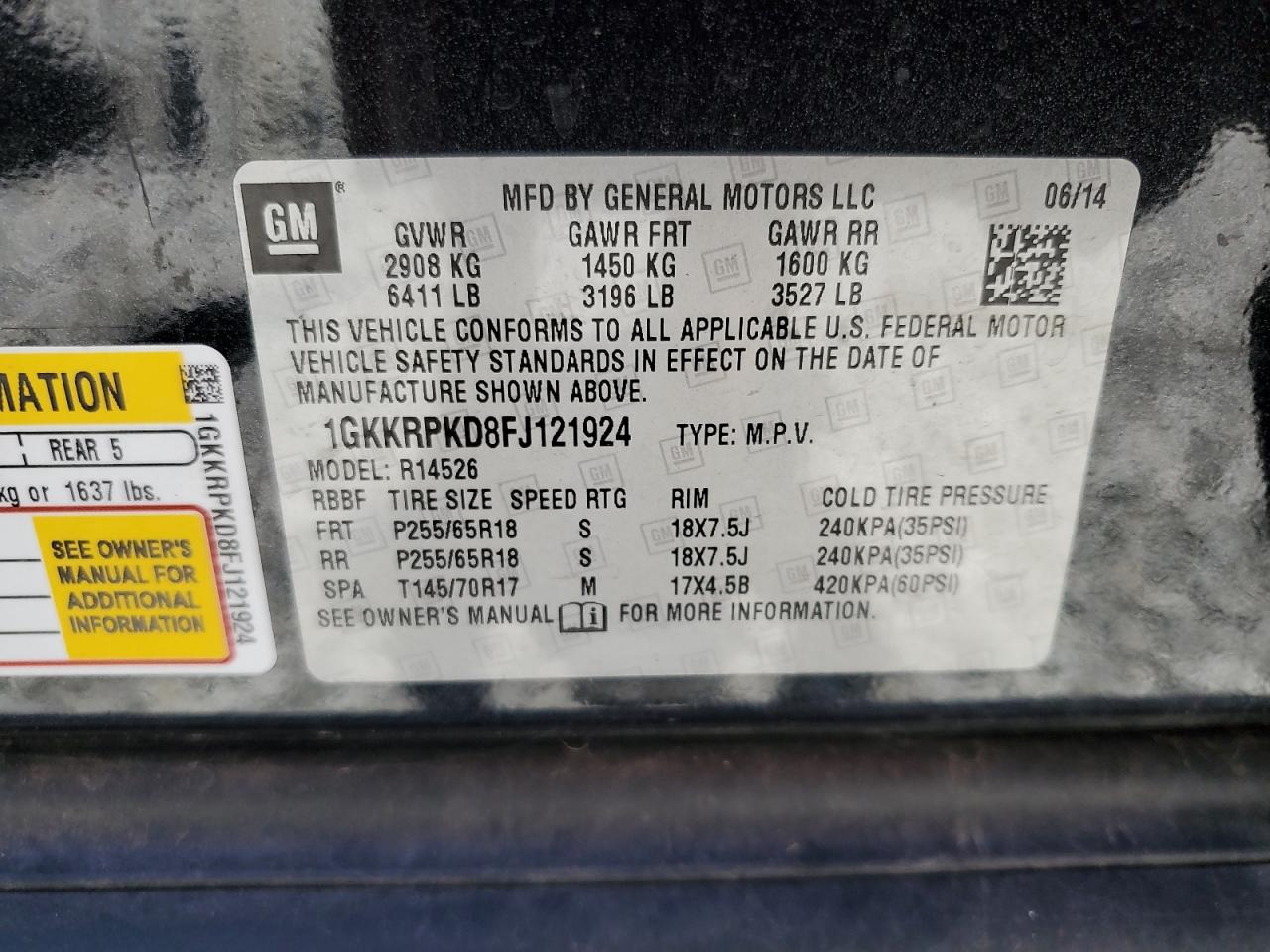 2015 GMC Acadia Sle VIN: 1GKKRPKD8FJ121924 Lot: 64588125