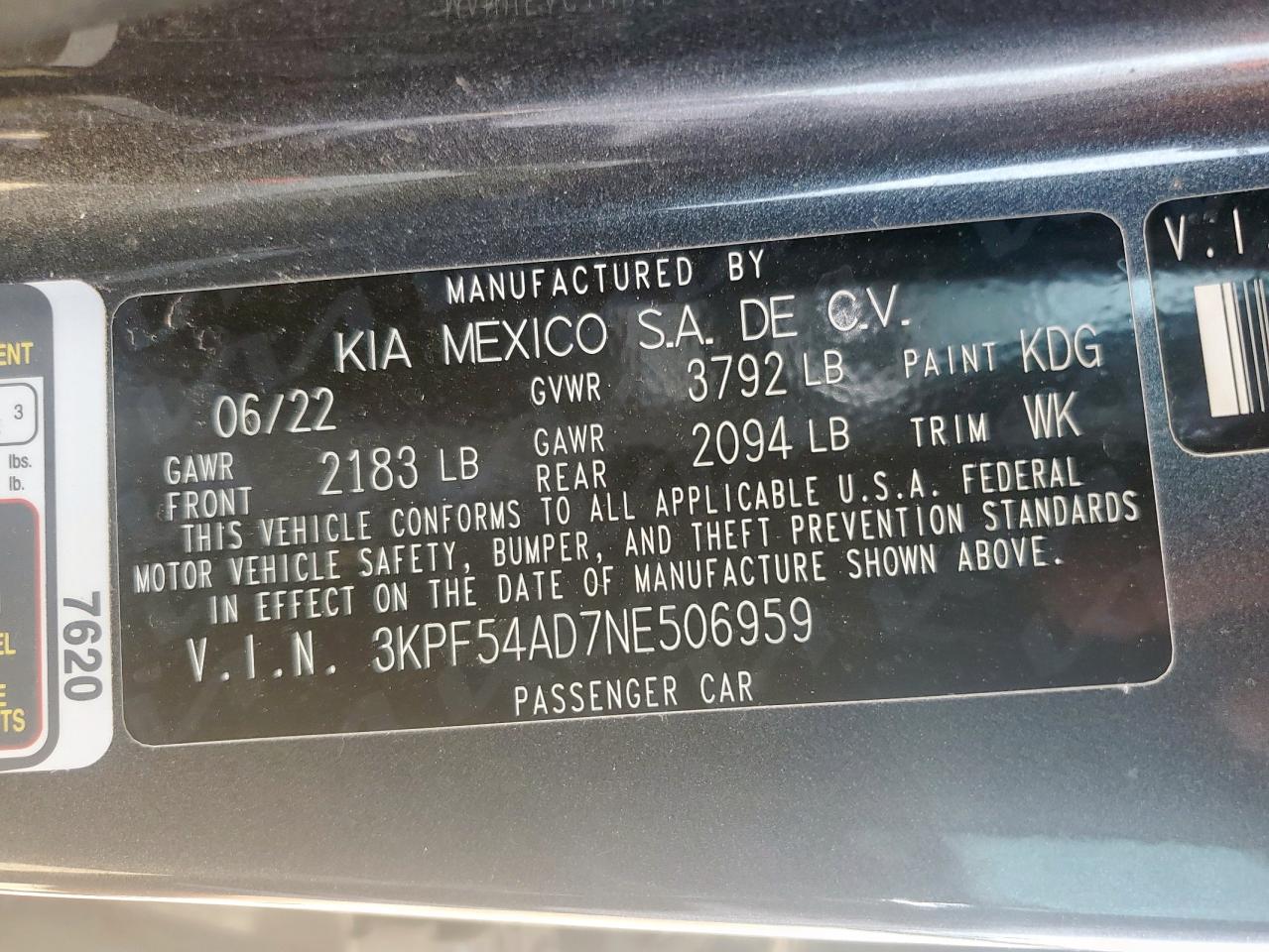 2022 Kia Forte Gt Line VIN: 3KPF54AD7NE506959 Lot: 64691525