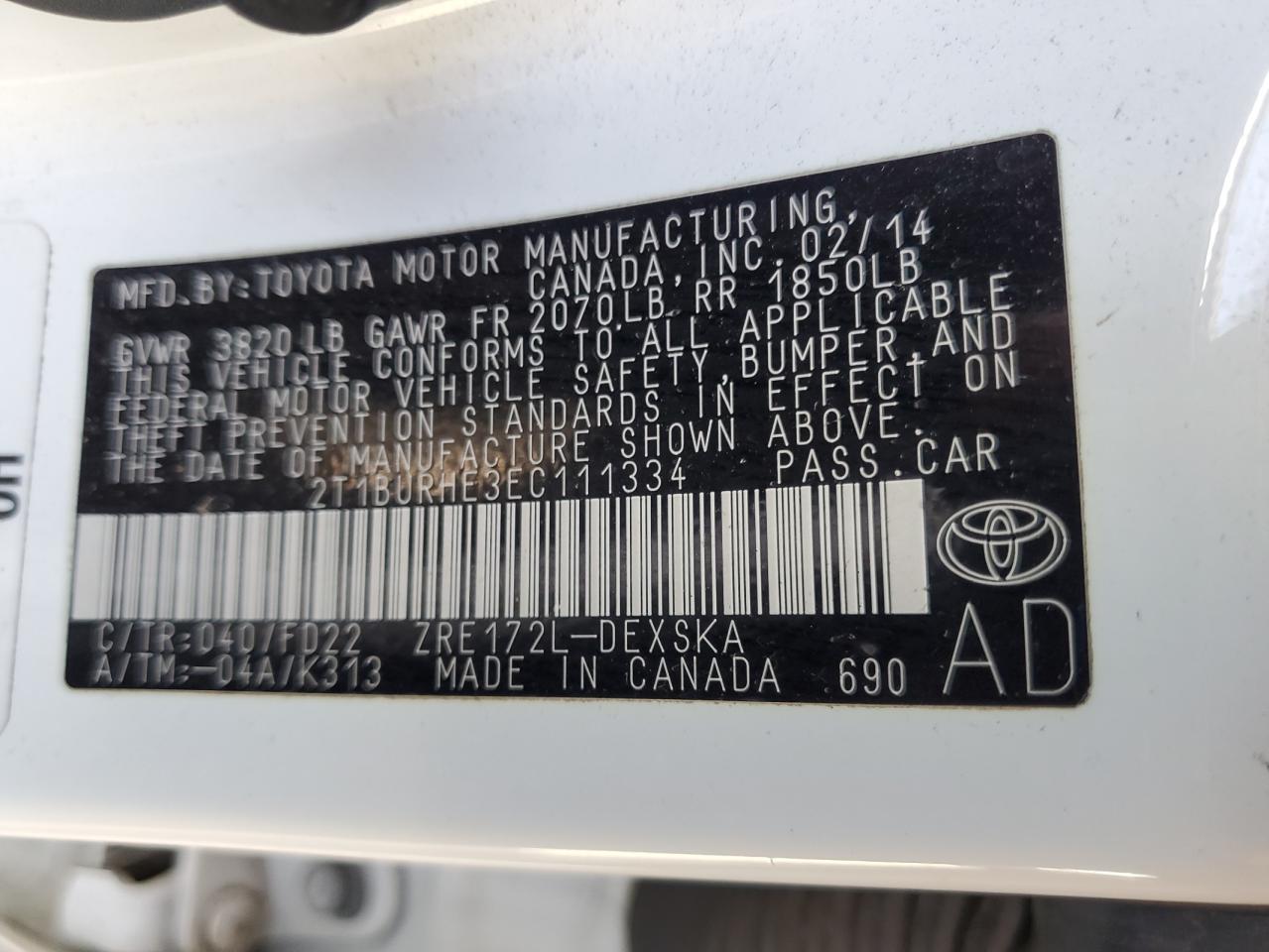 2t1burhe3ec111334 2T1BURHE3EC111334 2014 Toyota Corolla L