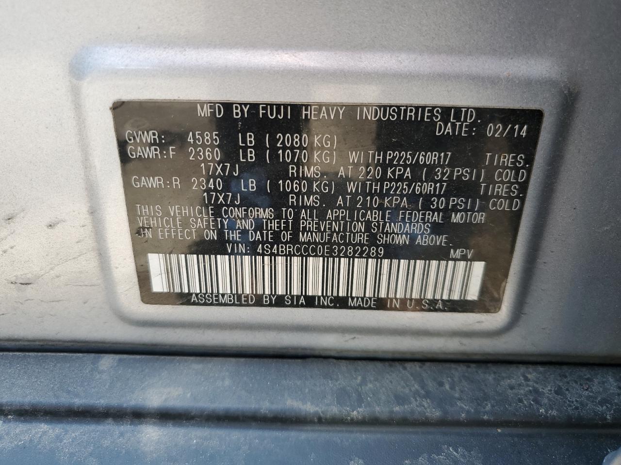 2014 Subaru Outback 2.5I Premium VIN: 4S4BRCCC0E3282289 Lot: 63404905