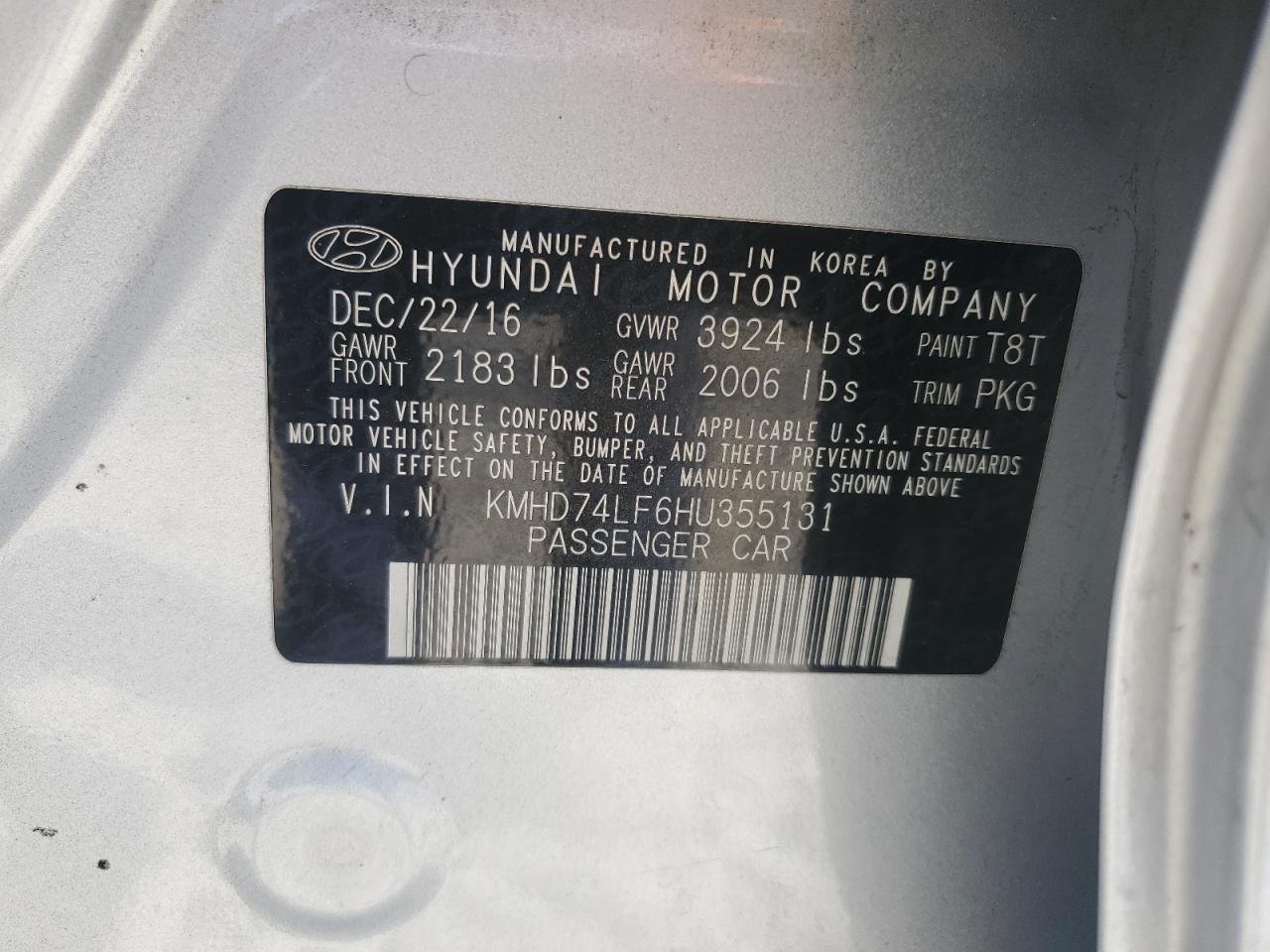 2017 Hyundai Elantra Se VIN: KMHD74LF6HU355131 Lot: 66358405