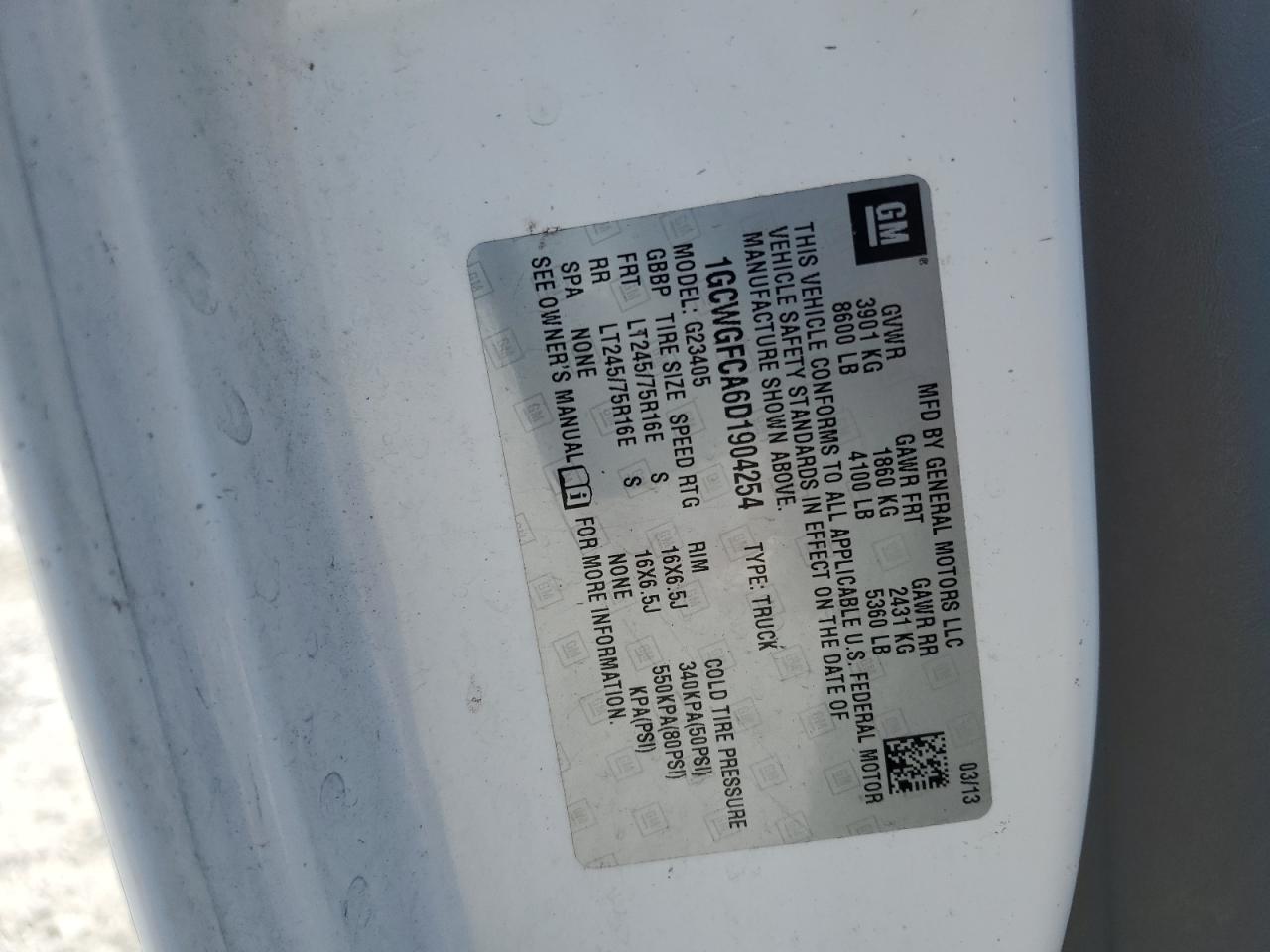 2013 Chevrolet Express G2500 VIN: 1GCWGFCA6D1904254 Lot: 62924055