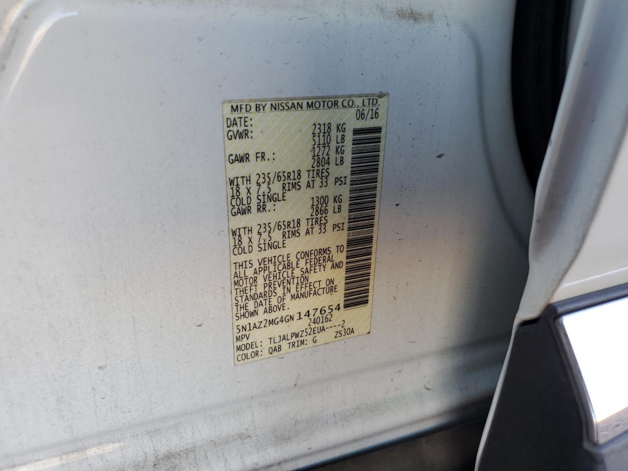 2016 Nissan Murano S VIN: 5N1AZ2MG4GN147654 Lot: 64088335