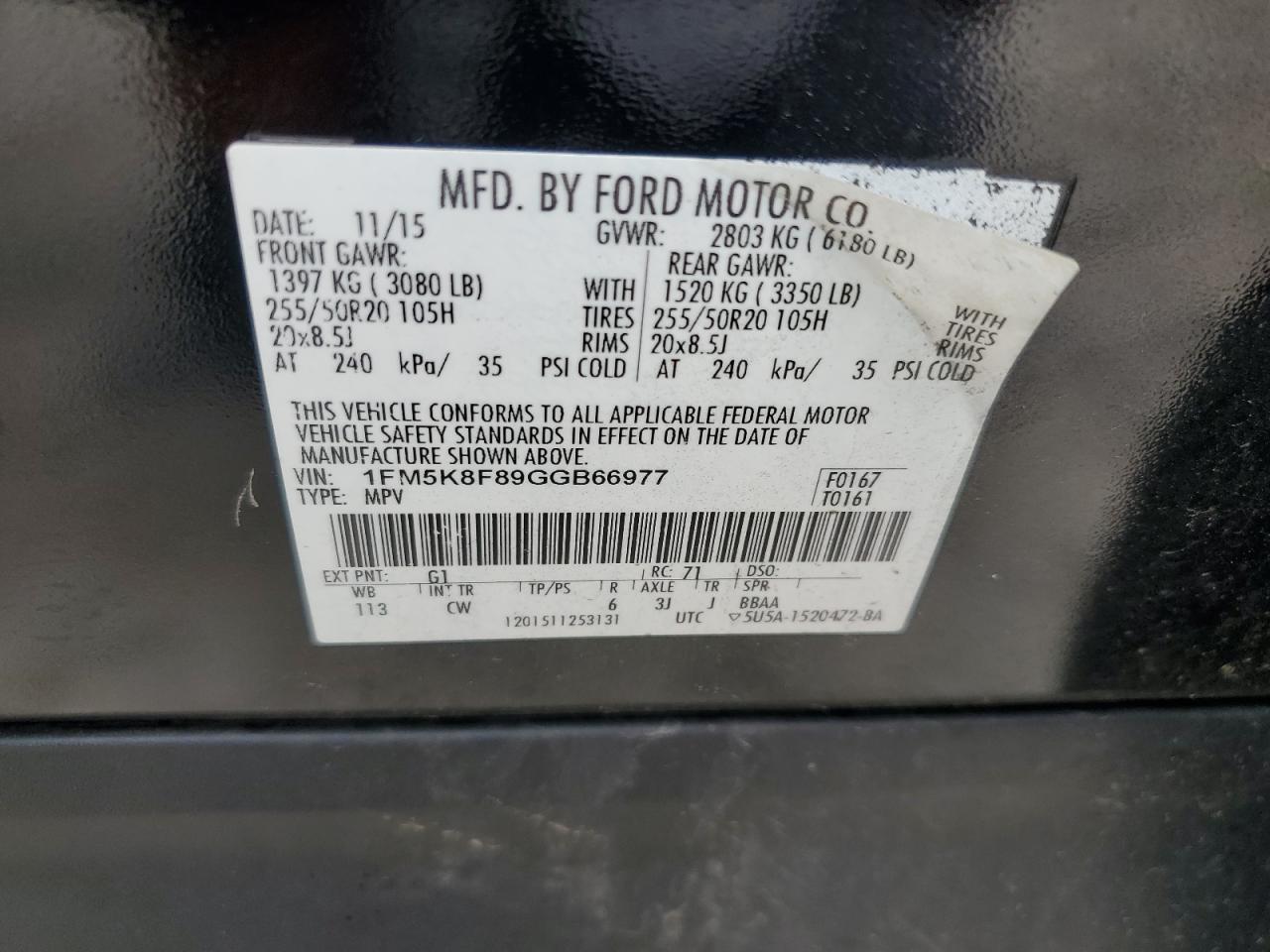 2016 Ford Explorer Limited VIN: 1FM5K8F89GGB66977 Lot: 63742195