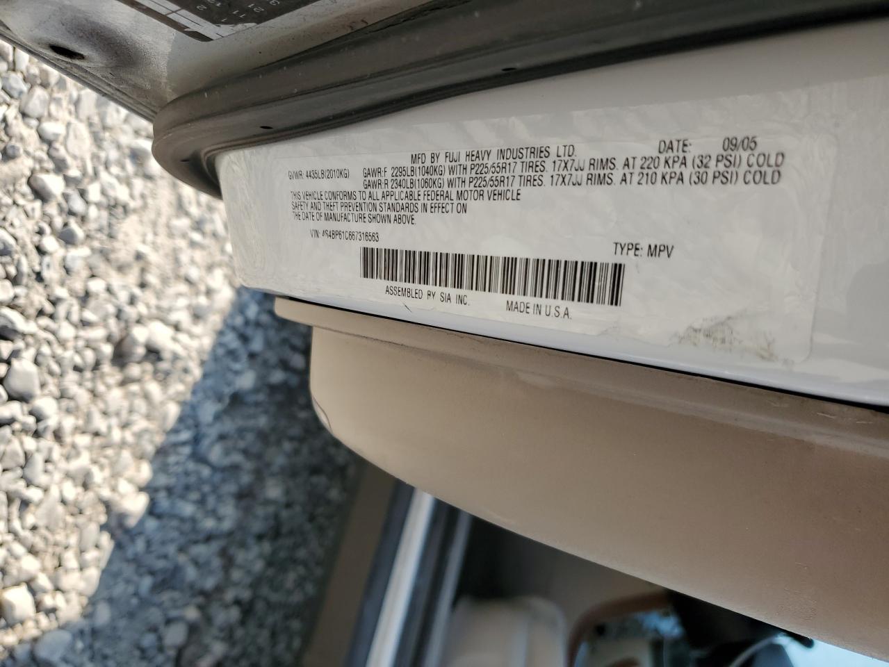 2006 Subaru Legacy Outback 2.5I VIN: 4S4BP61C667316563 Lot: 62909335