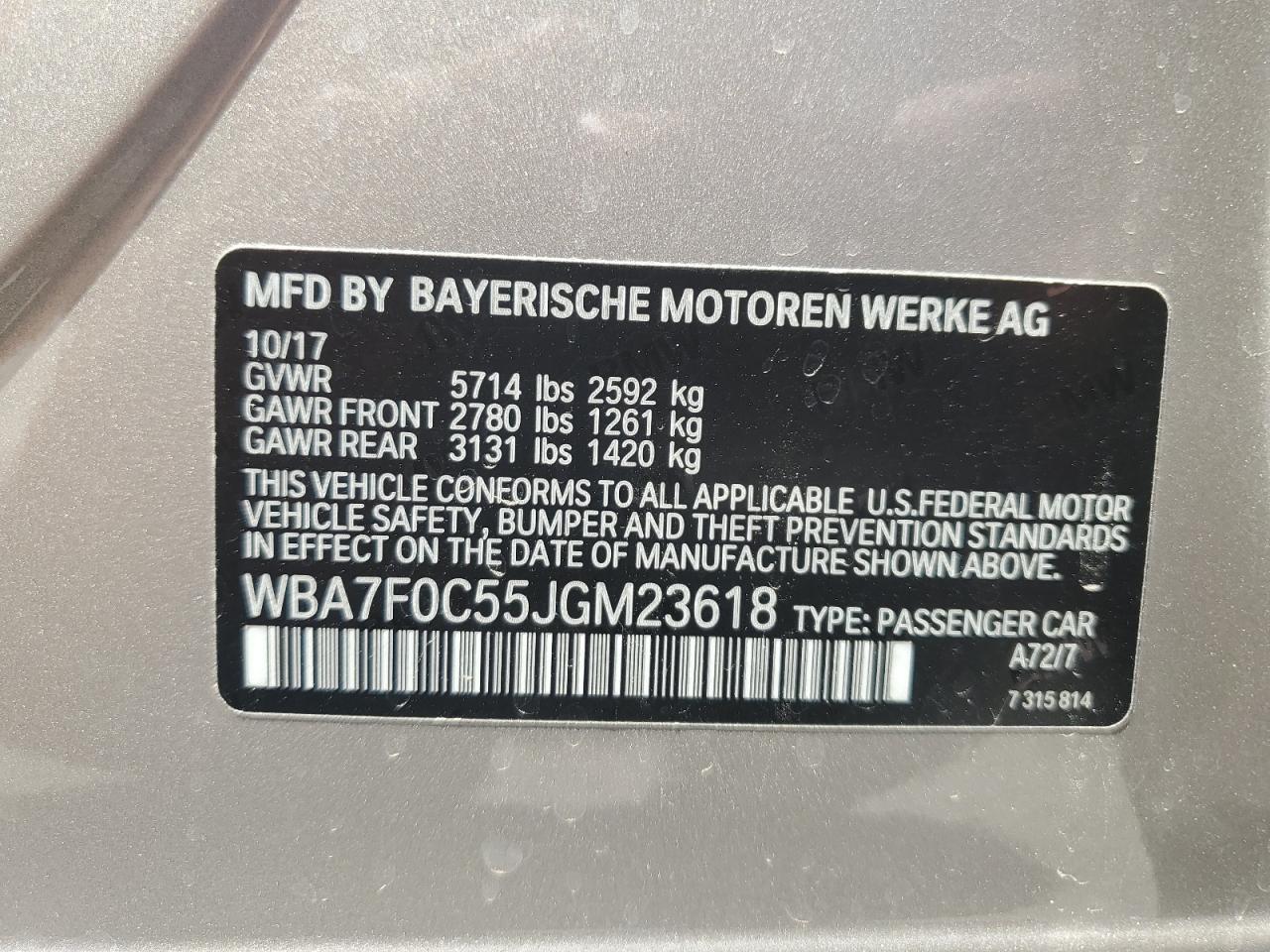 2018 BMW 750 I VIN: WBA7F0C55JGM23618 Lot: 64237555