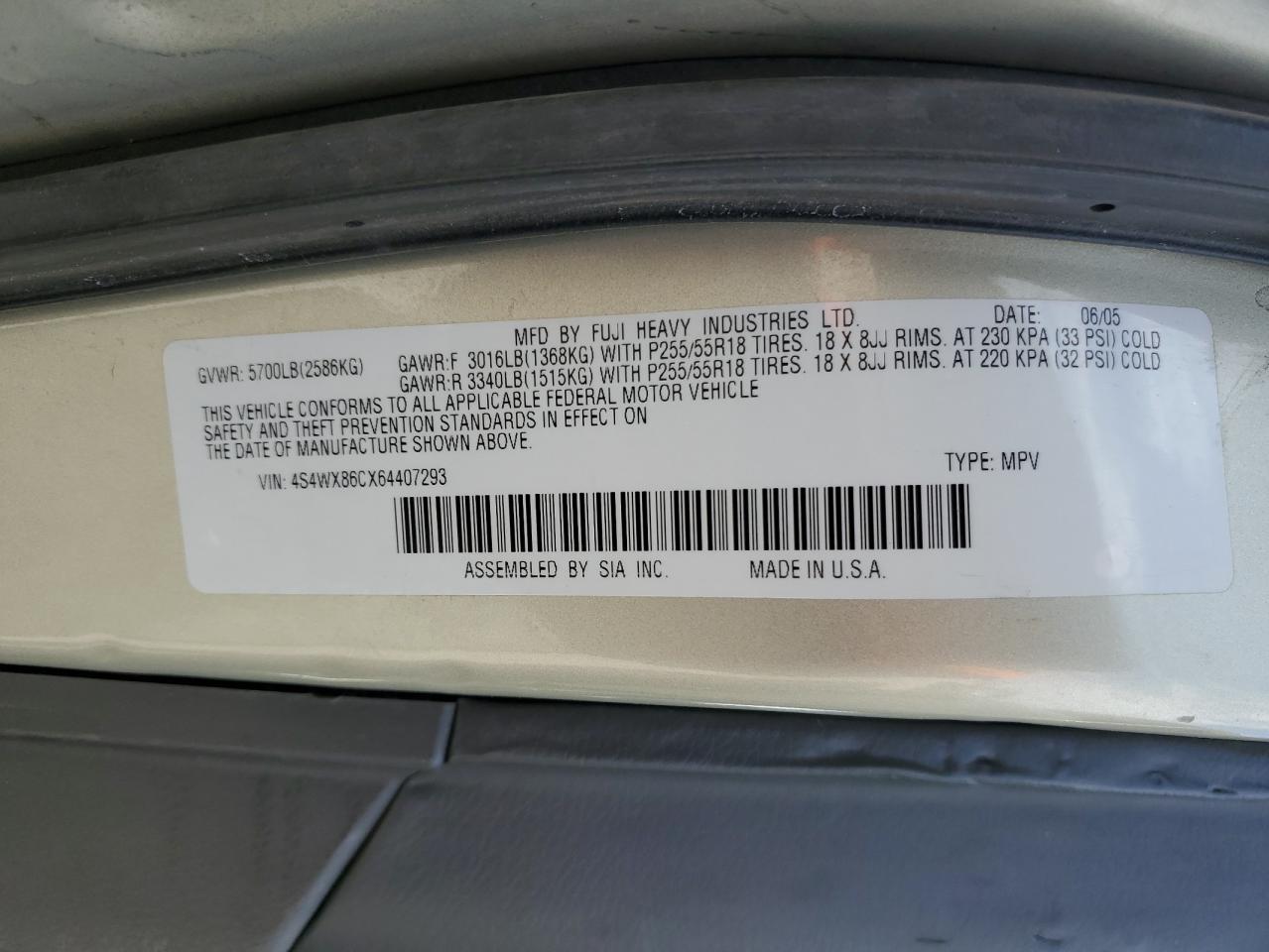 2006 Subaru B9 Tribeca 3.0 H6 VIN: 4S4WX86CX64407293 Lot: 63433465