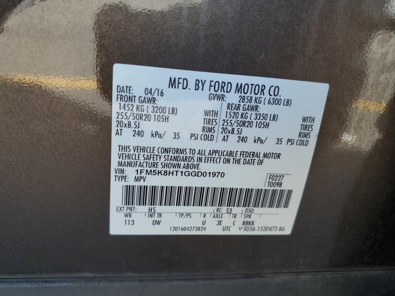 2016 Ford Explorer Platinum VIN: 1FM5K8HT1GGD01970 Lot: 65010965