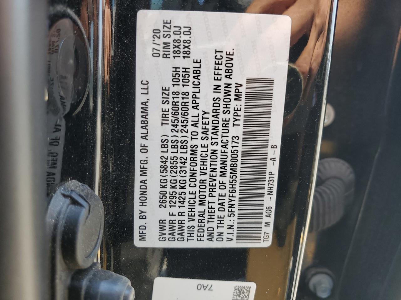 2021 Honda Pilot Exl VIN: 5FNYF6H55MB005173 Lot: 65287625