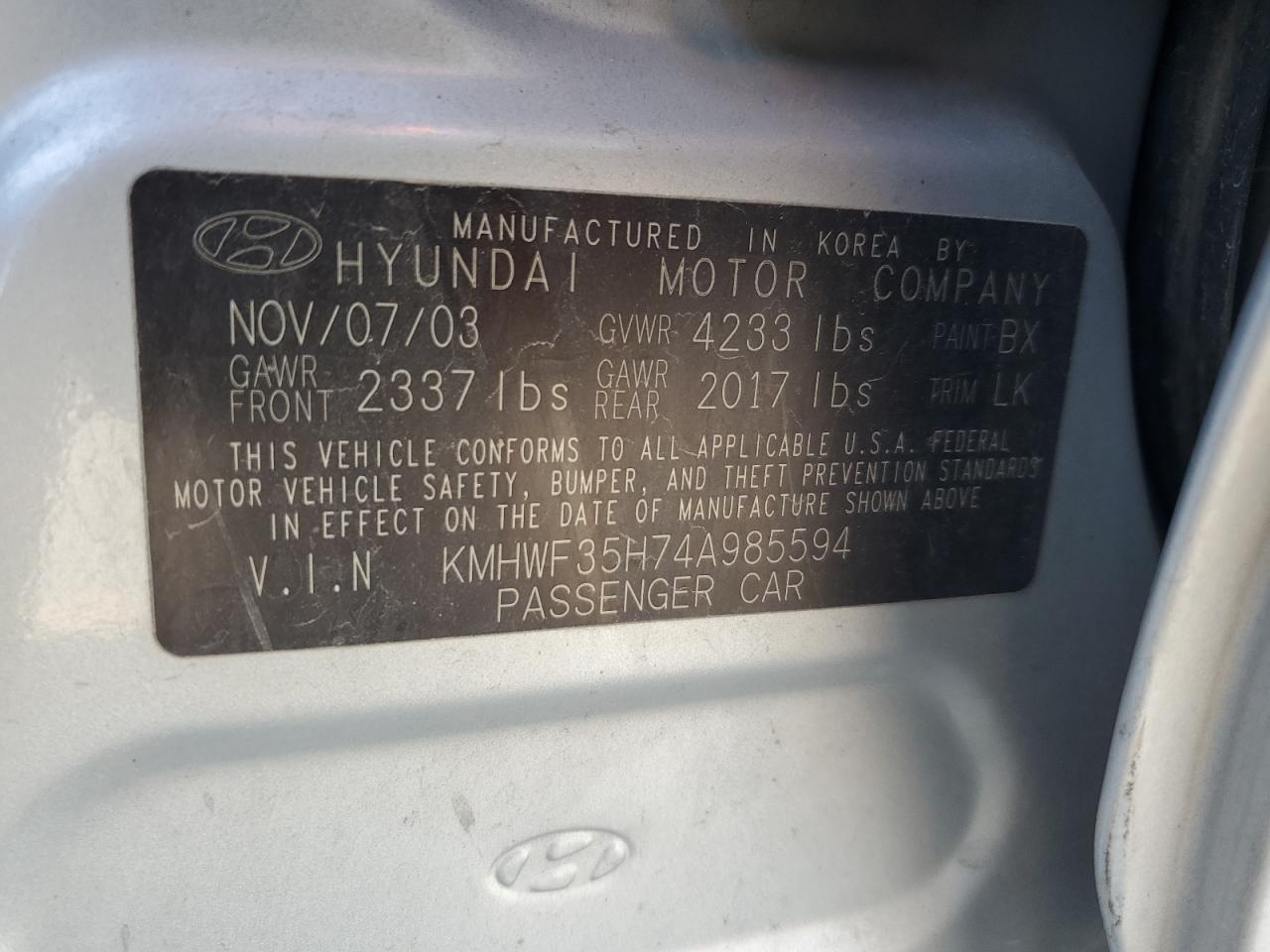 2004 Hyundai Sonata Gls VIN: KMHWF35H74A985594 Lot: 65285645