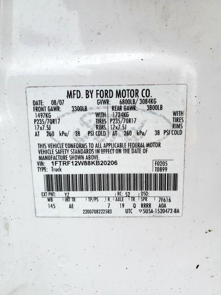 2008 Ford F150 VIN: 1FTRF12W88KB20206 Lot: 66230475