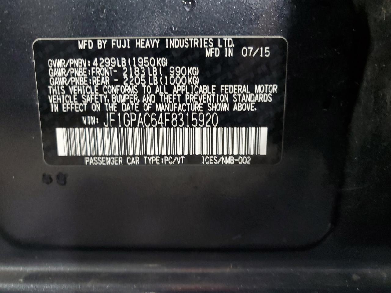 2015 Subaru Impreza Premium VIN: JF1GPAC64F8315920 Lot: 64592135