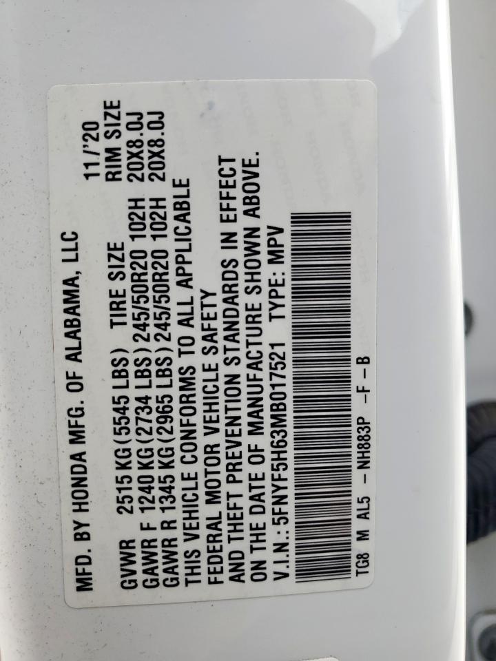 2021 Honda Pilot Touring VIN: 5FNYF5H63MB017521 Lot: 64425425