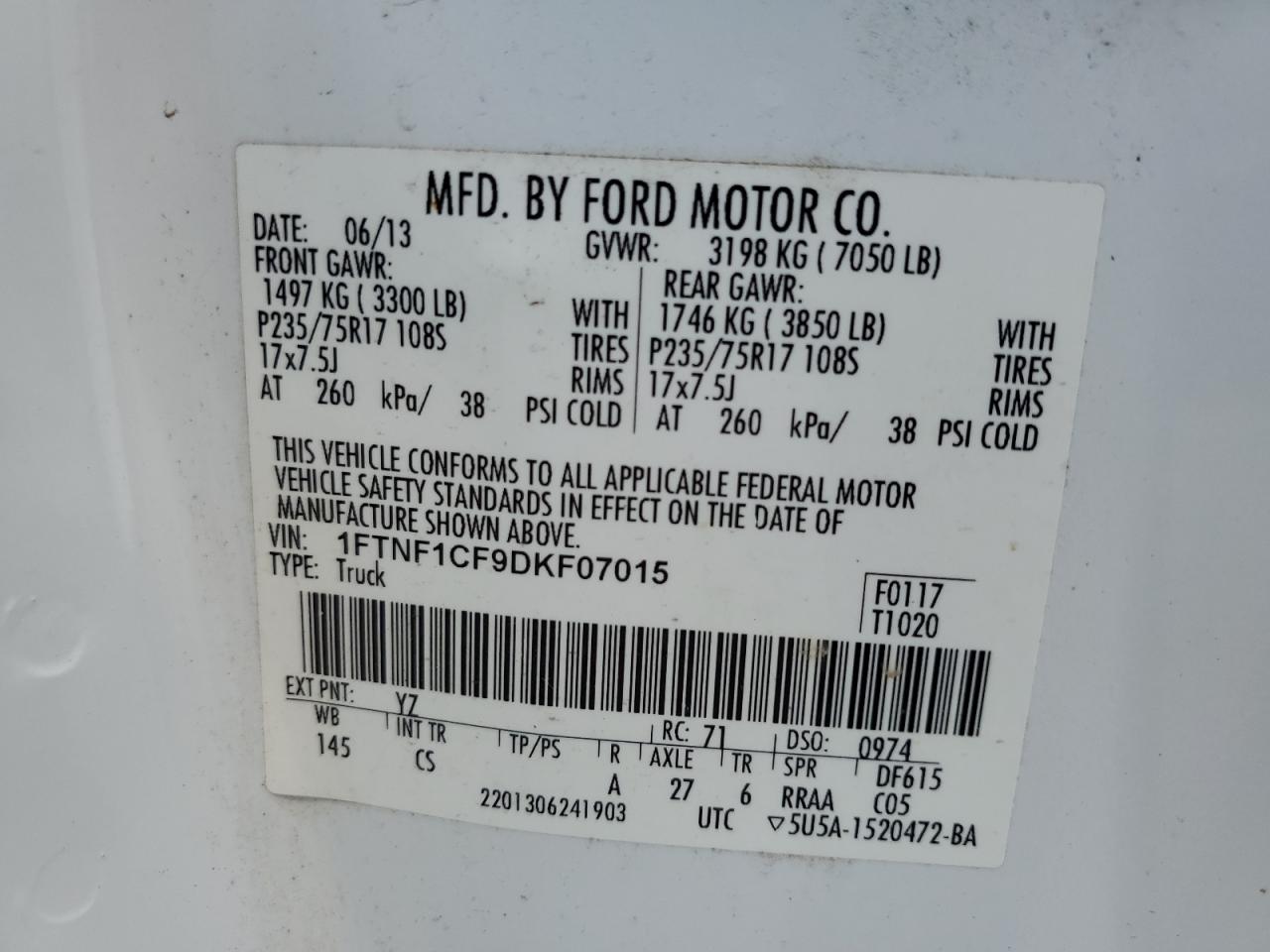 2013 Ford F150 VIN: 1FTNF1CF9DKF07015 Lot: 63672545