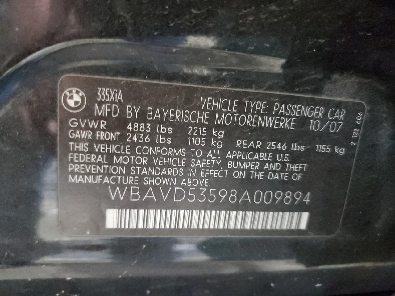 2008 BMW 335 Xi VIN: WBAVD53598A009894 Lot: 64560075