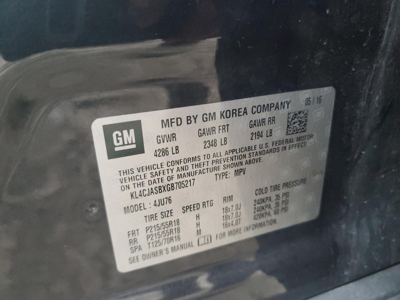 2016 Buick Encore VIN: KL4CJASBXGB705217 Lot: 66716155