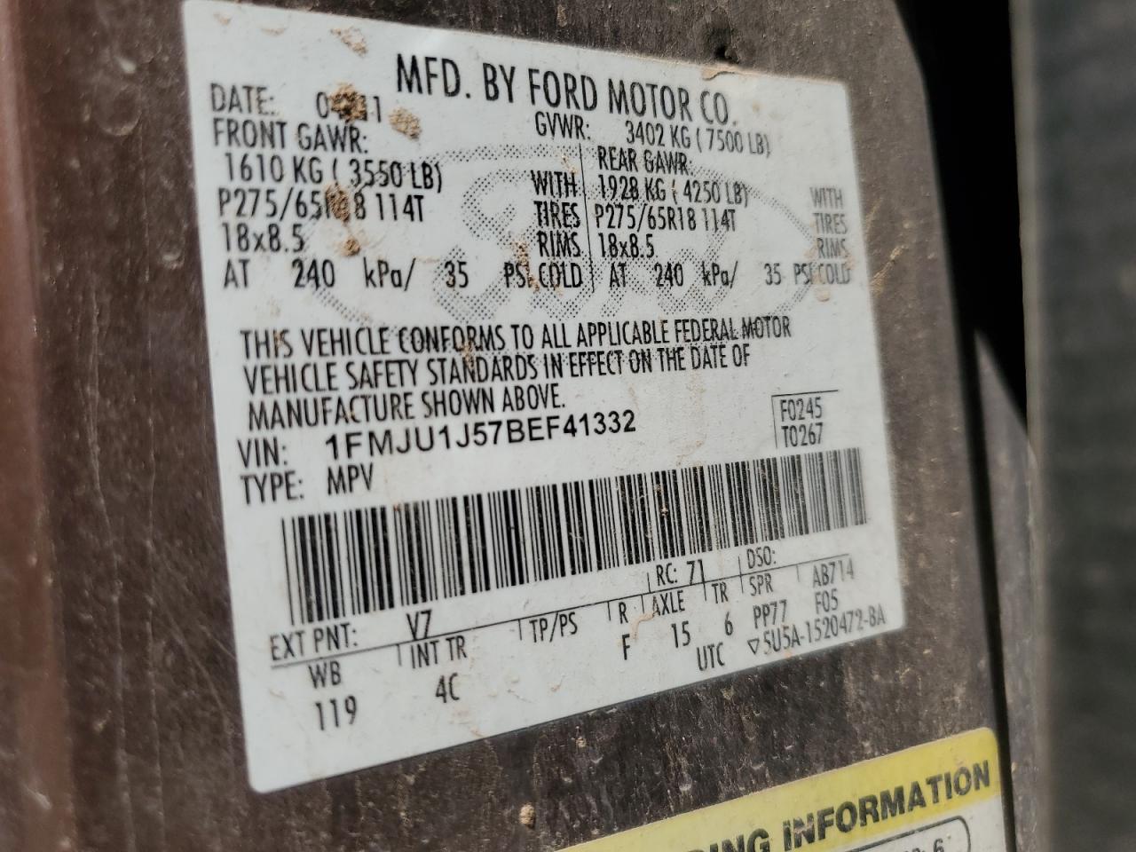 2011 Ford Expedition Xlt VIN: 1FMJU1J57BEF41332 Lot: 64732075