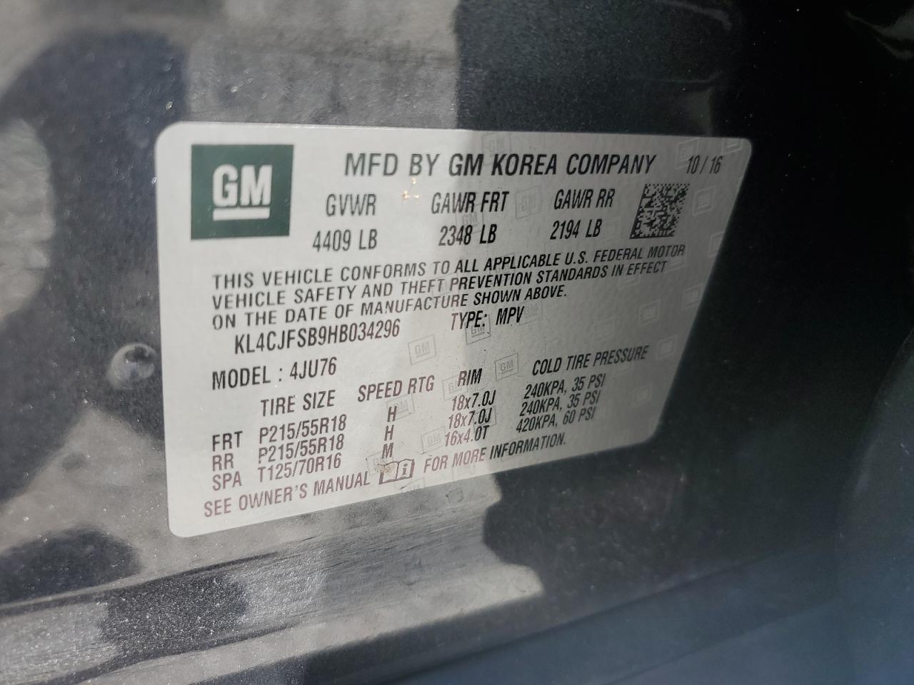 2017 Buick Encore Preferred Ii VIN: KL4CJFSB9HB034296 Lot: 64372115