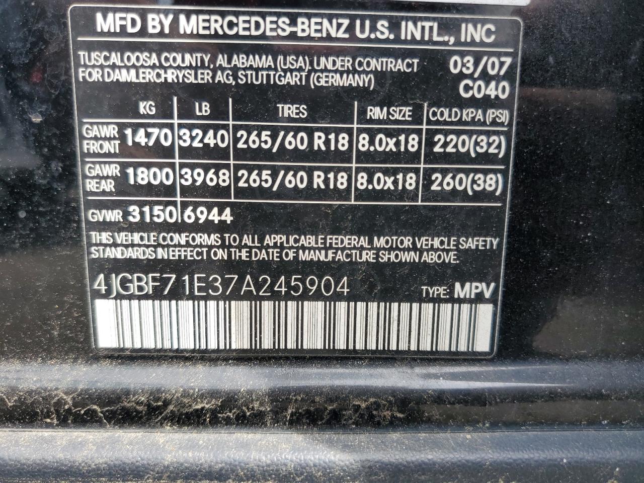 2007 Mercedes-Benz Gl 450 4Matic VIN: 4JGBF71E37A245904 Lot: 62861235