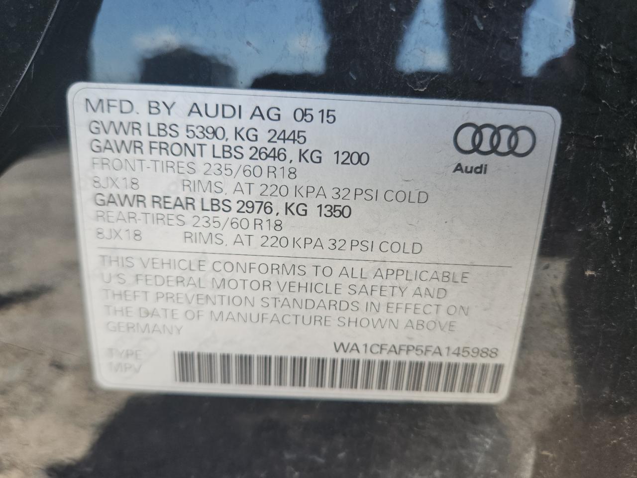 2015 Audi Q5 Premium VIN: WA1CFAFP5FA145988 Lot: 64863565