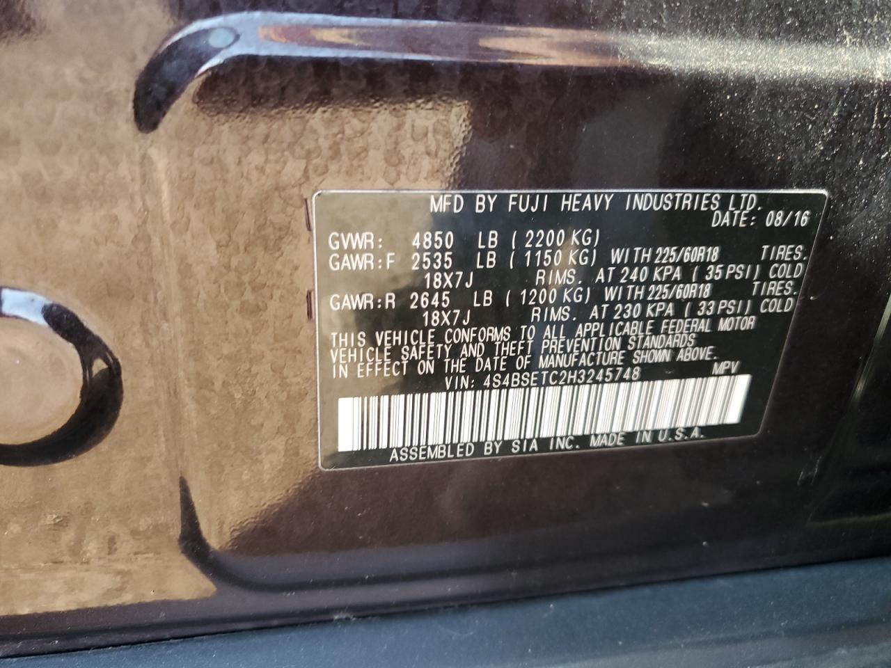 2017 Subaru Outback Touring VIN: 4S4BSETC2H3245748 Lot: 63047345