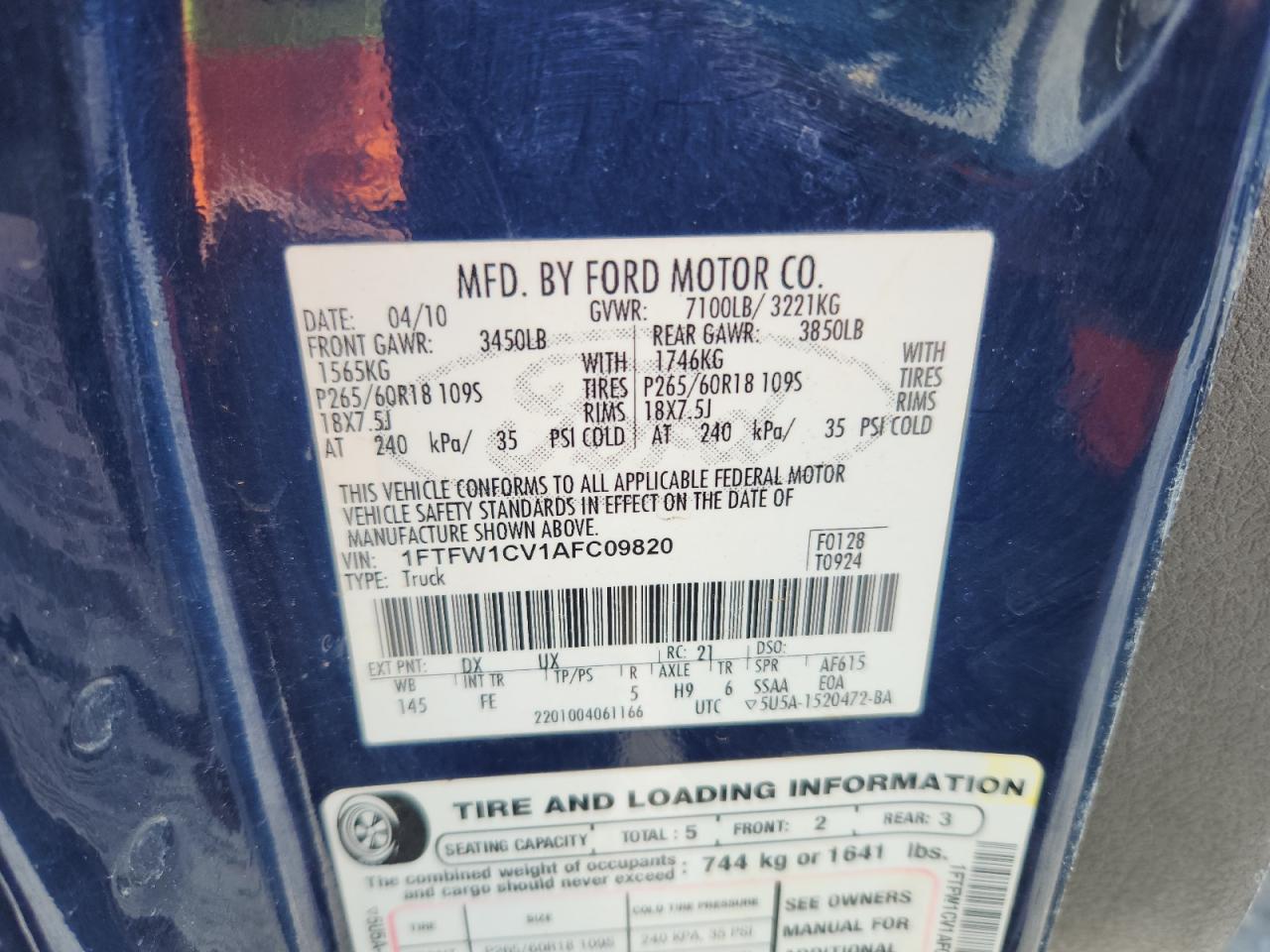2010 Ford F150 Supercrew VIN: 1FTFW1CV1AFC09820 Lot: 65266965