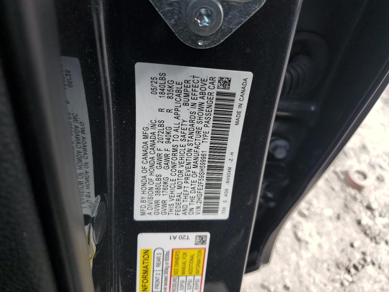2025 Honda Civic Sport VIN: 2HGFE2F59SH599961 Lot: 64818465