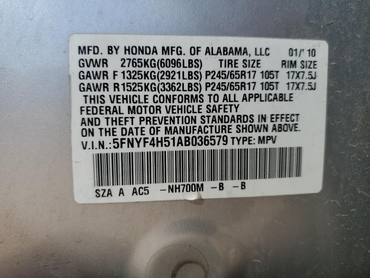 2010 Honda Pilot Exl VIN: 5FNYF4H51AB036579 Lot: 63007815